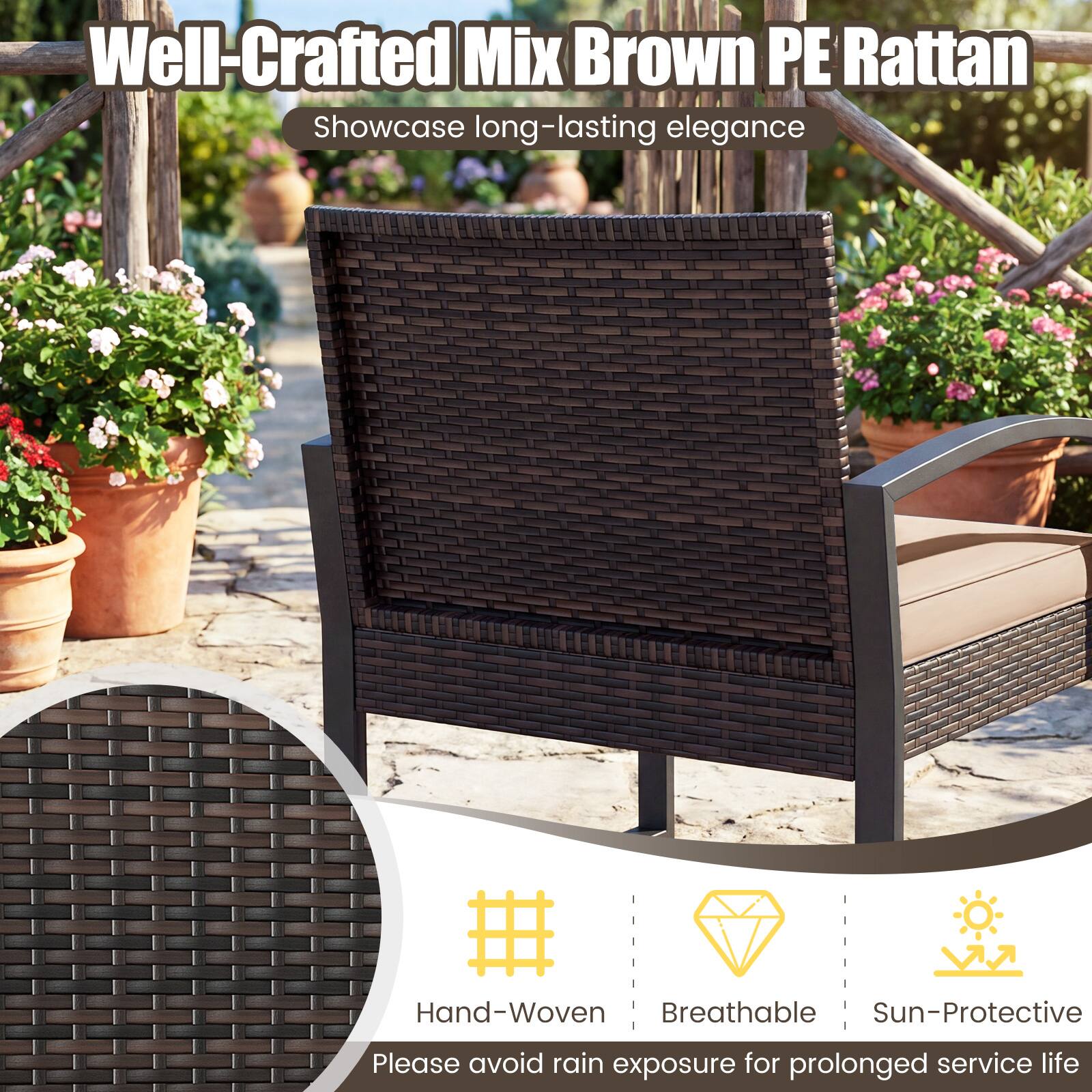 Well-Crafted Mix Brown PE Rattan  
Showcase long-lasting elegance  

Hand-Woven  
Breathable  
Sun-Protective  

Please avoid rain exposure for prolonged service life