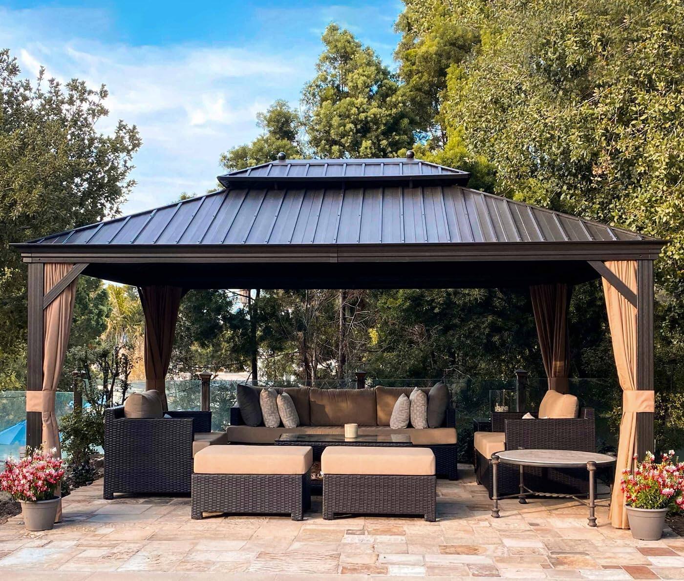 PURPLE LEAF - 12 X 16 FT Outdoor Aluminum Hardtop Gazebo with Metal Double Roof with Netting and Curtains, Khaki Permanent Pavilion - 12' X 16'