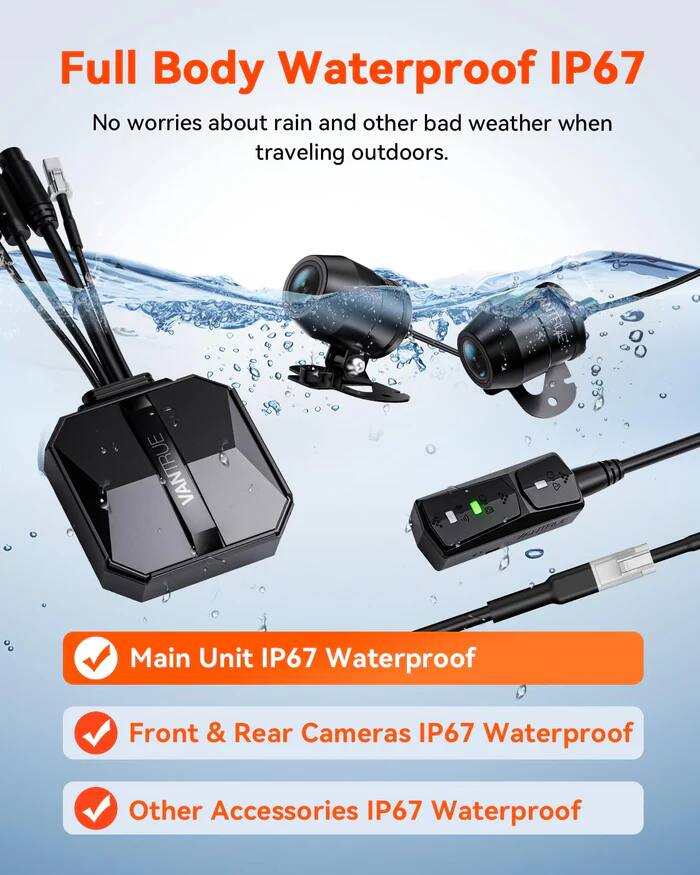 Full Body Waterproof IP67  
No worries about rain and other bad weather when traveling outdoors.  

VANTRUE  
Main Unit IP67 Waterproof  
Front & Rear Cameras IP67 Waterproof  
Other Accessories IP67 Waterproof
