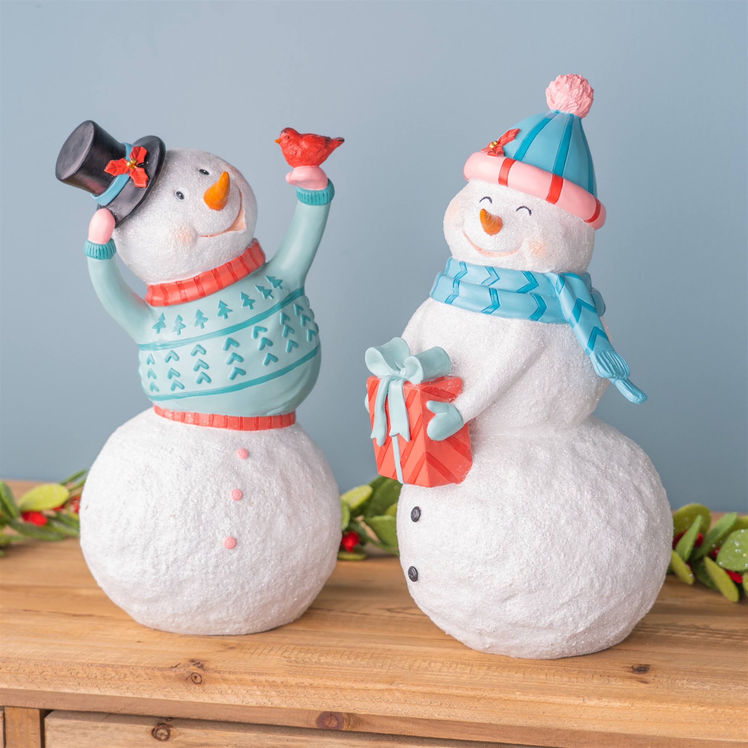 Alt View 2. BreeBe - Whimsical Snowman Figurine (Set of 2) - Blue, White.