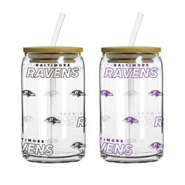 Logo Brands - Baltimore Ravens 16oz. Step And Repeat Glass Can with Lid & Straw 2-Pack - Multicolor
