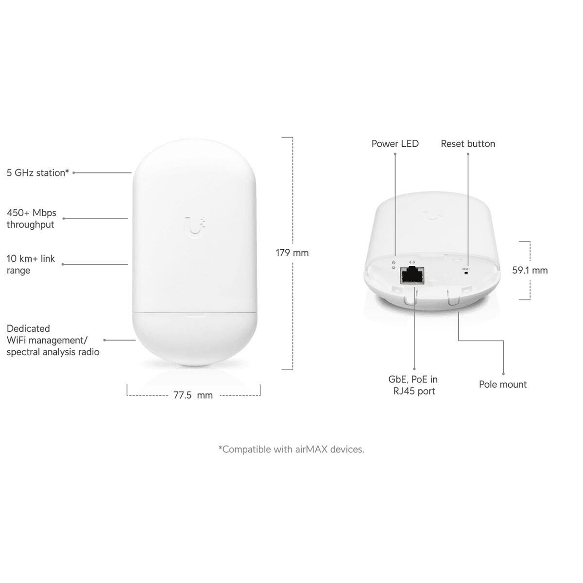 Power LED  
Reset button  
5 GHz station*  
450+ Mbps throughput  
10 km+ link range  
179 mm  
59.1 mm  
Dedicated WiFi management/ spectral analysis radio  
77.5 mm  
GbE, PoE in RJ45 port  
Pole mount  
Compatible with airMAX devices.