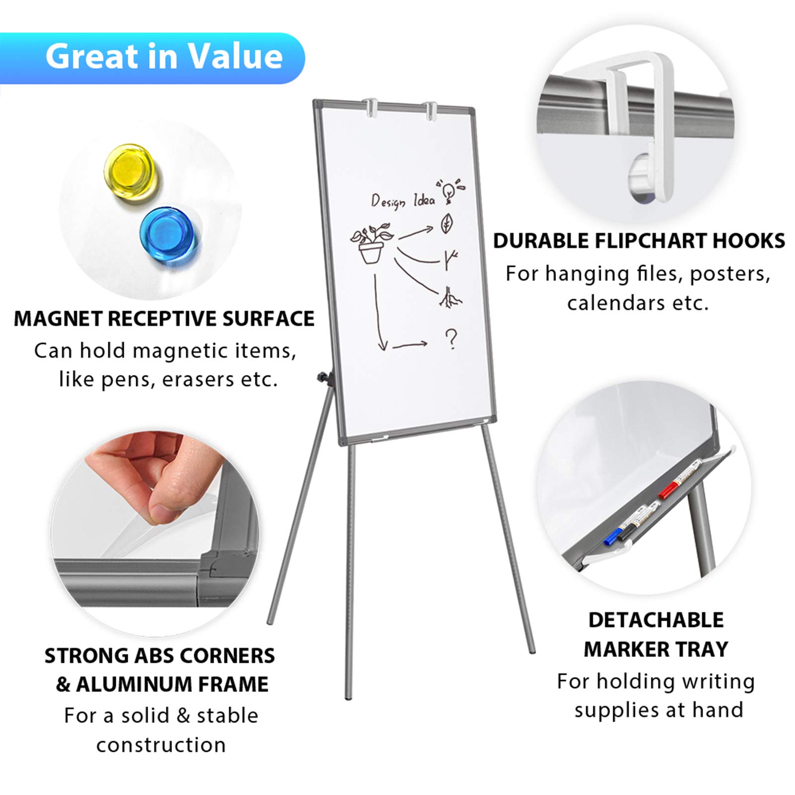 Great in Value

MAGNET RECEPTIVE SURFACE  
Can hold magnetic items, like pens, erasers etc.

DURABLE FLIPCHART HOOKS  
For hanging files, posters, calendars etc.

STRONG ABS CORNERS & ALUMINUM FRAME  
For a solid & stable construction

DETACHABLE MARKER TRAY  
For holding writing supplies at hand
