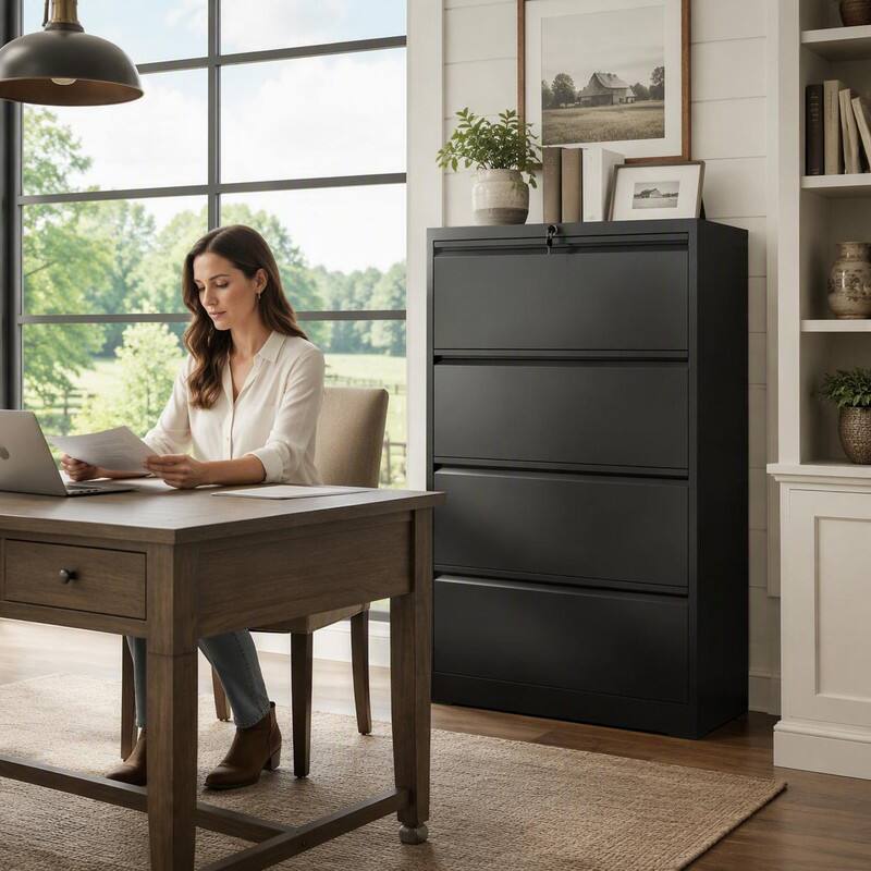 Back. RYHNUYNE - 4 Drawer Lateral File Cabinet 35 Inch Wide Metal Filing Cabinet for Home Office.