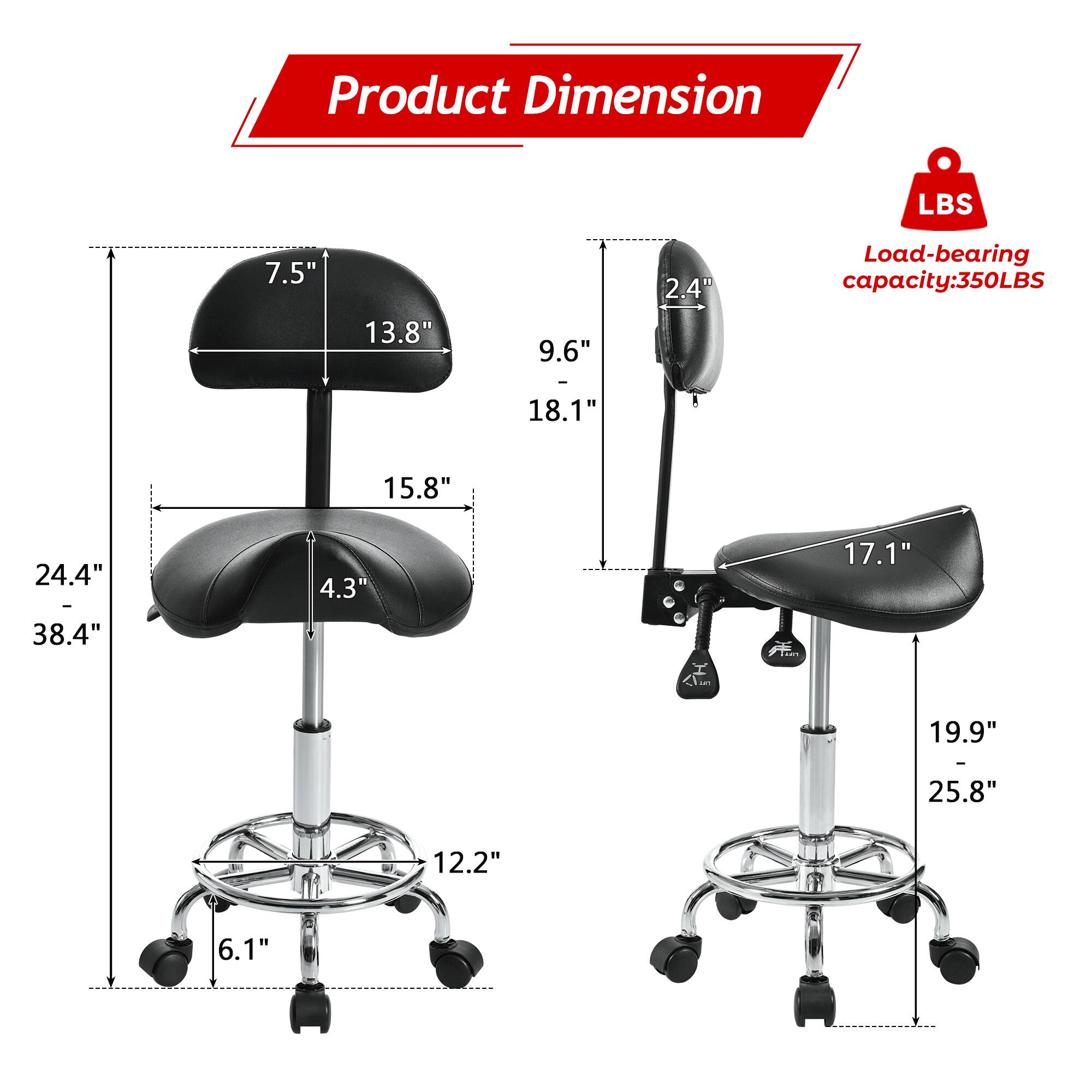 Product Dimension  
- Seat: 7.5" x 13.8" x 9.6"  
- Backrest: 15.8" x 2.4"  
- Overall: 24.4" x 18.1" x 38.4"  
- Armrest: 17.1" x 4.3"  
- Base: 12.2" x 6.1"  
- Height Range: 19.9" - 25.8"  

Load-bearing capacity: 350LBS