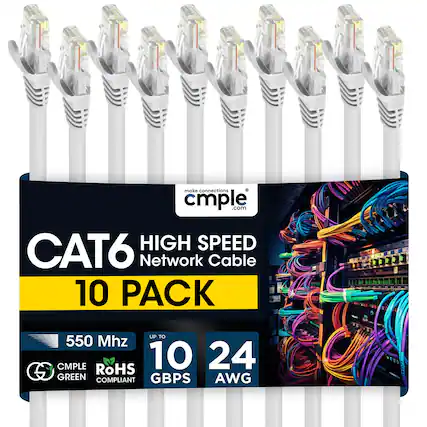 make connections * cmple .com HIGH SPEED CAT6 Network Cable 10 PACK UP TO 550 Mhz CMPLE RoHS 10 24 AWG GREEN GBPS COMPLIANT