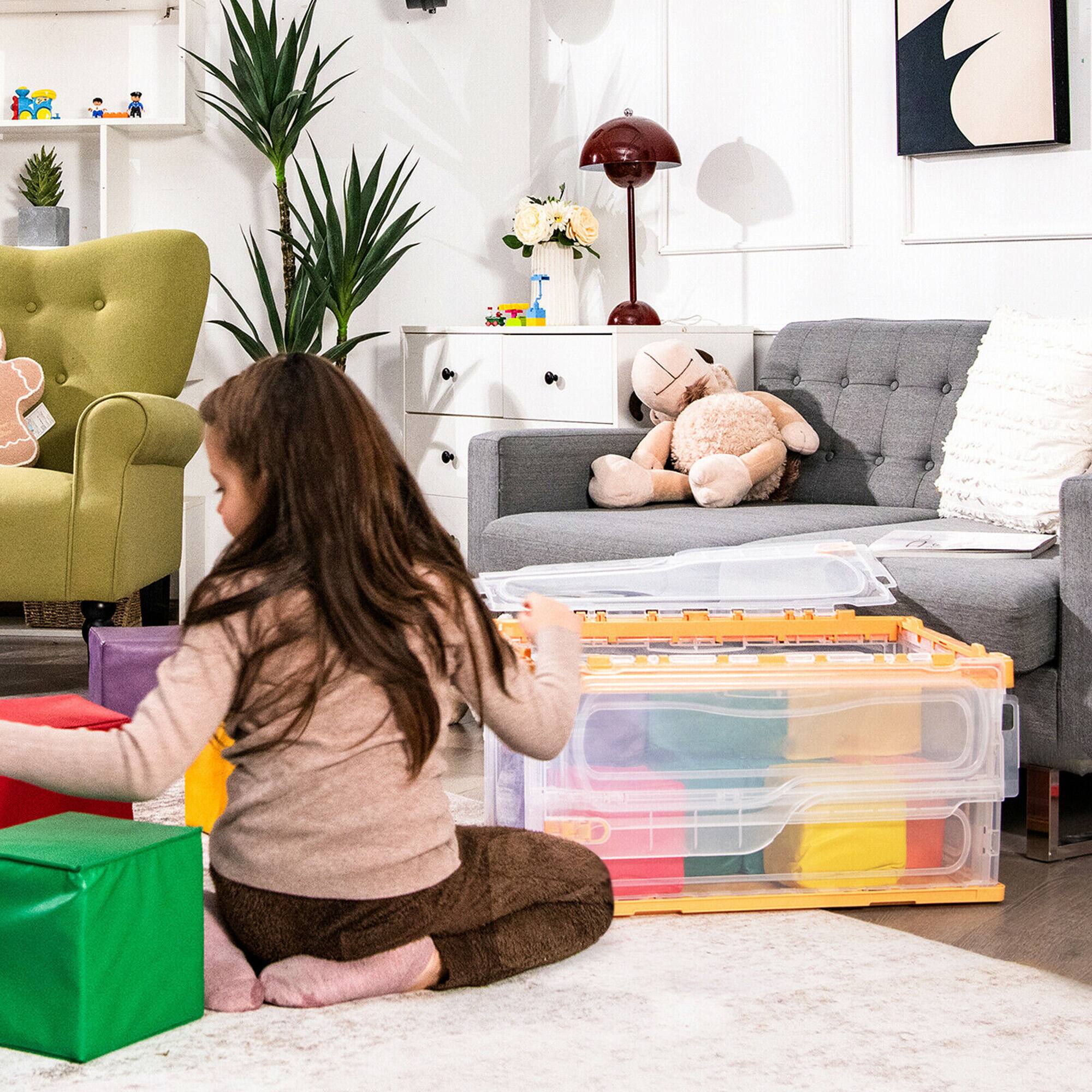 Alt View 3. Gymax - Gymax 45L Collapsible Storage Bins Folding Plastic Stackable Utility Crates 4 Pack - Yellow, Green, Red, Grey.