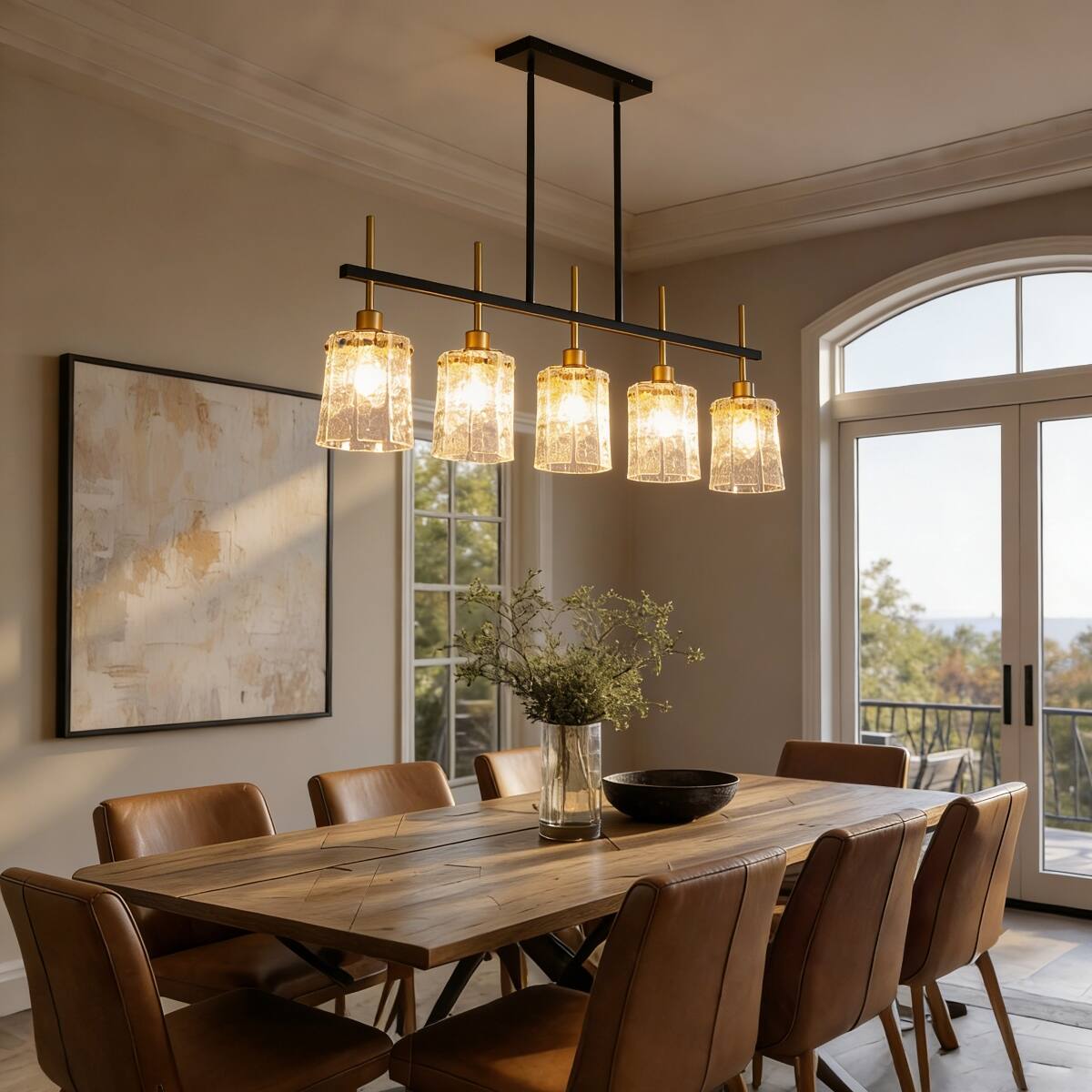 Alt View 2. Loheer - Loheer Five Light Linear Chandelier With Water Ripple Glass for Dining Room or Kitchen Island.