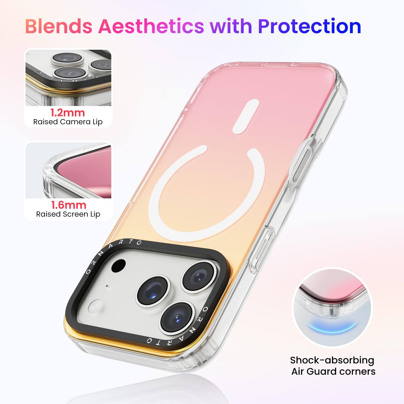 Blends Aesthetics with Protection

1.2mm Raised Camera Lip

1.6mm Raised Screen Lip

Shock-absorbing Air Guard corners