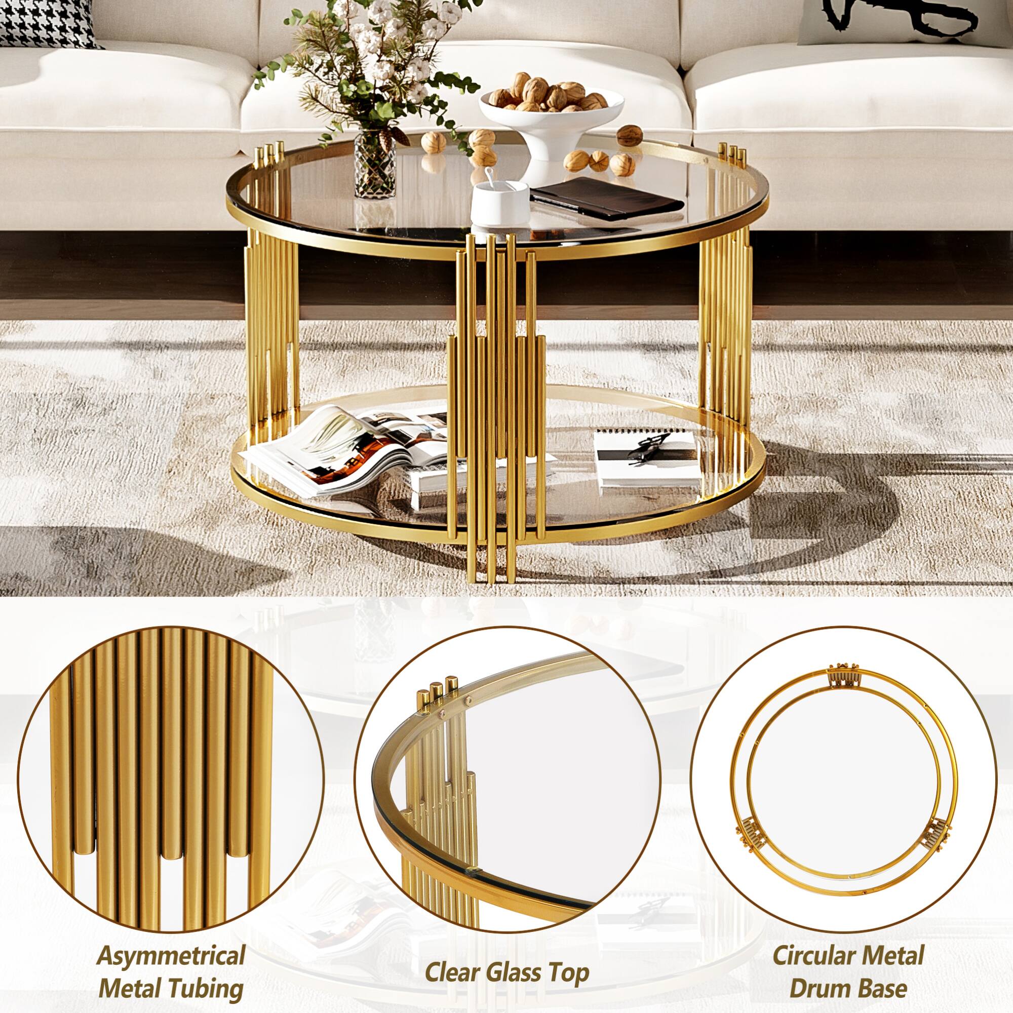 Asymmetrical Metal Tubing  
Clear Glass Top  
Circular Metal Drum Base