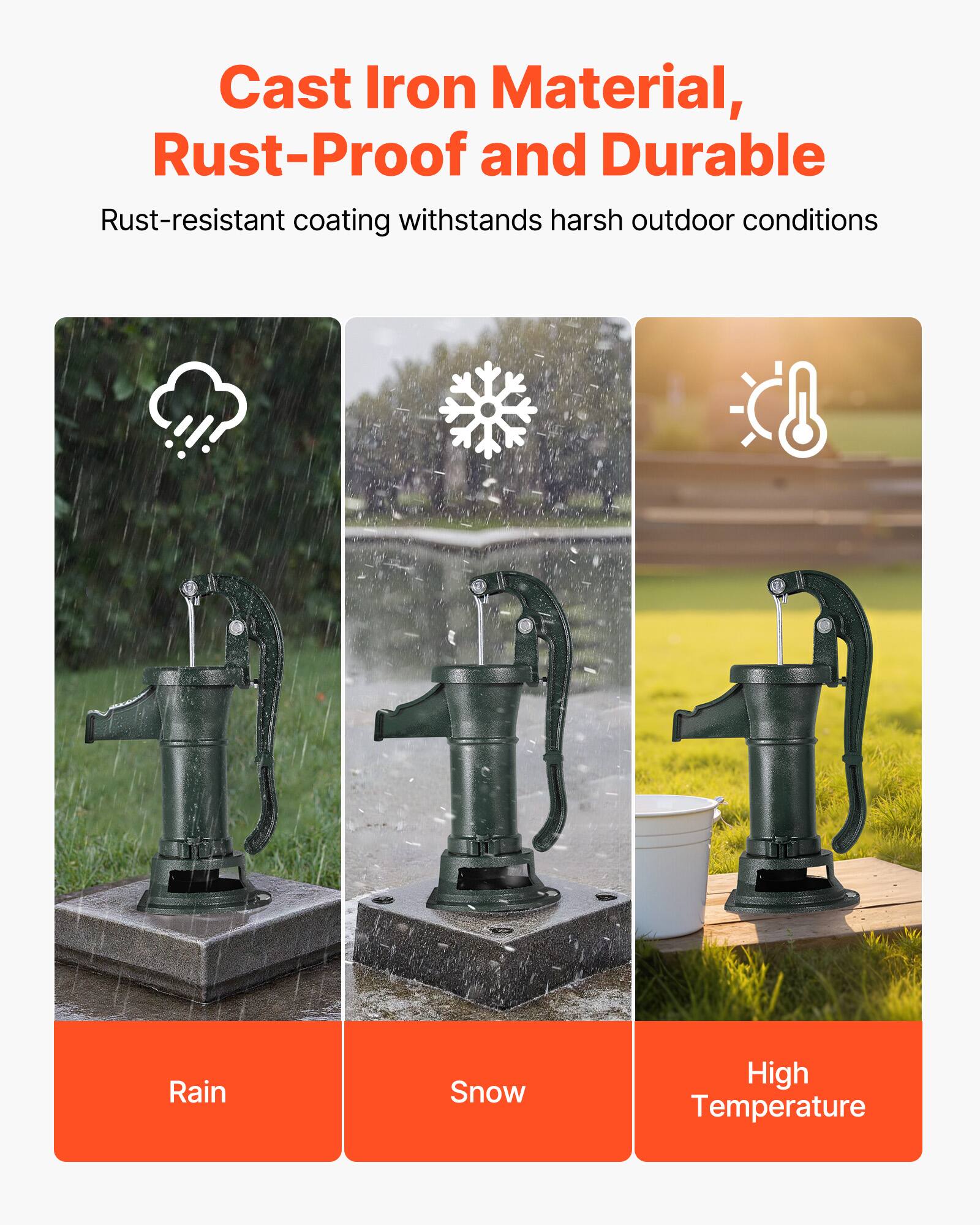 Cast Iron Material, Rust-Proof and Durable

Rust-resistant coating withstands harsh outdoor conditions

Rain Snow High Temperature