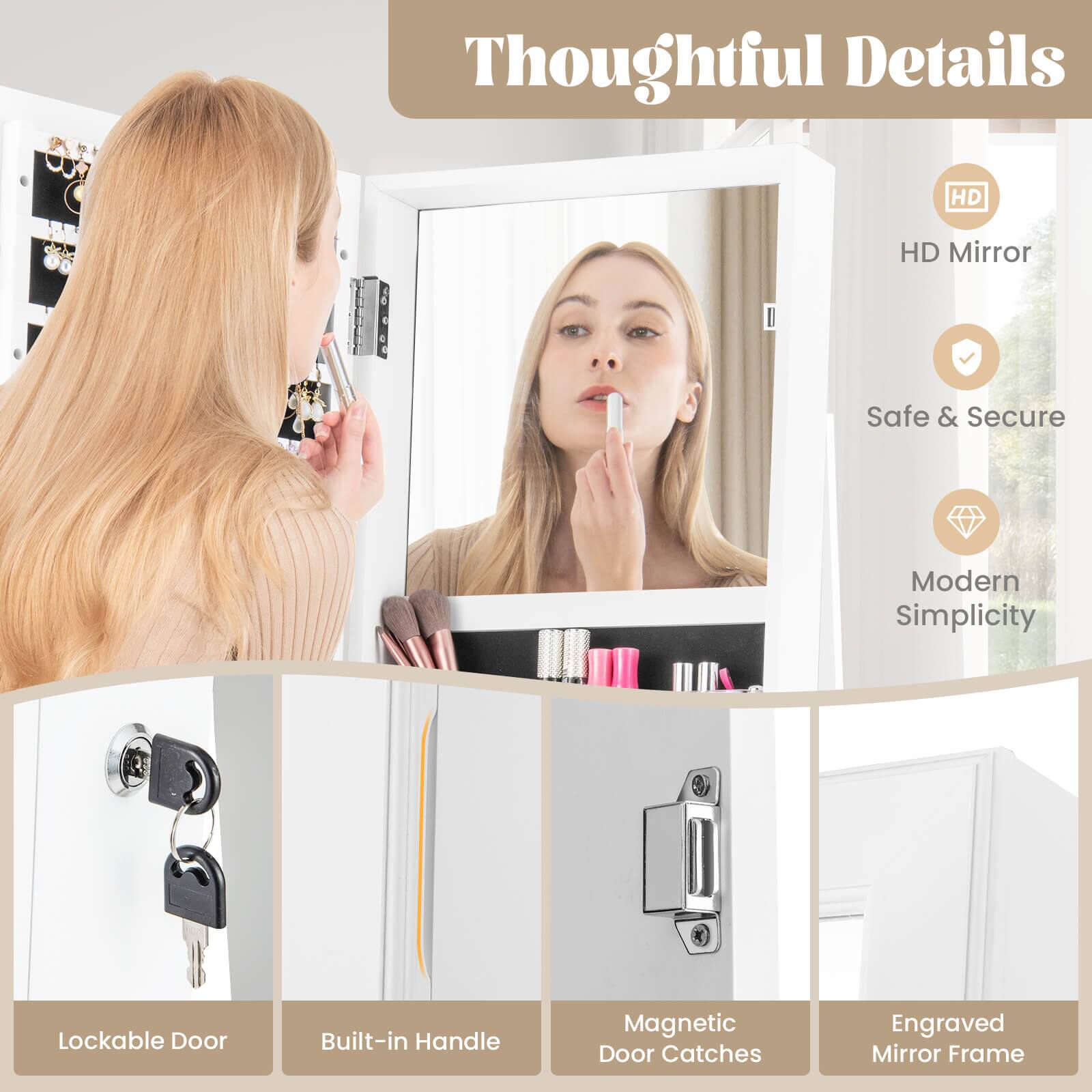Thoughtful Details

HD Mirror  
Safe & Secure  
Modern Simplicity  

Lockable Door  
Built-in Handle  
Magnetic Door Catches  
Engraved Mirror Frame