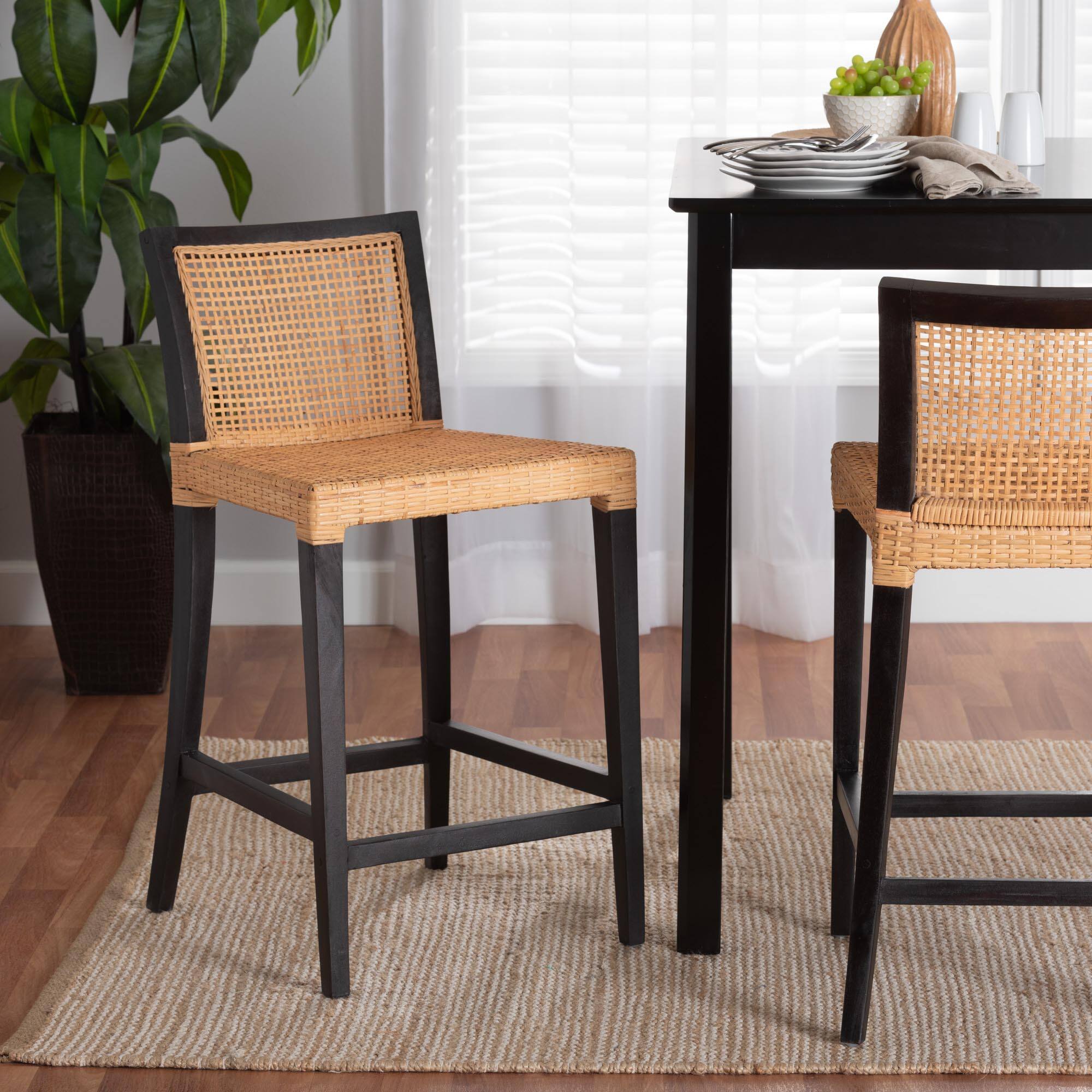 Alt View 4. bali & pari - Lingga Modern Bohemian Mahogany Wood and Natural Rattan Counter Stool - Dark Brown/Natural Brown.