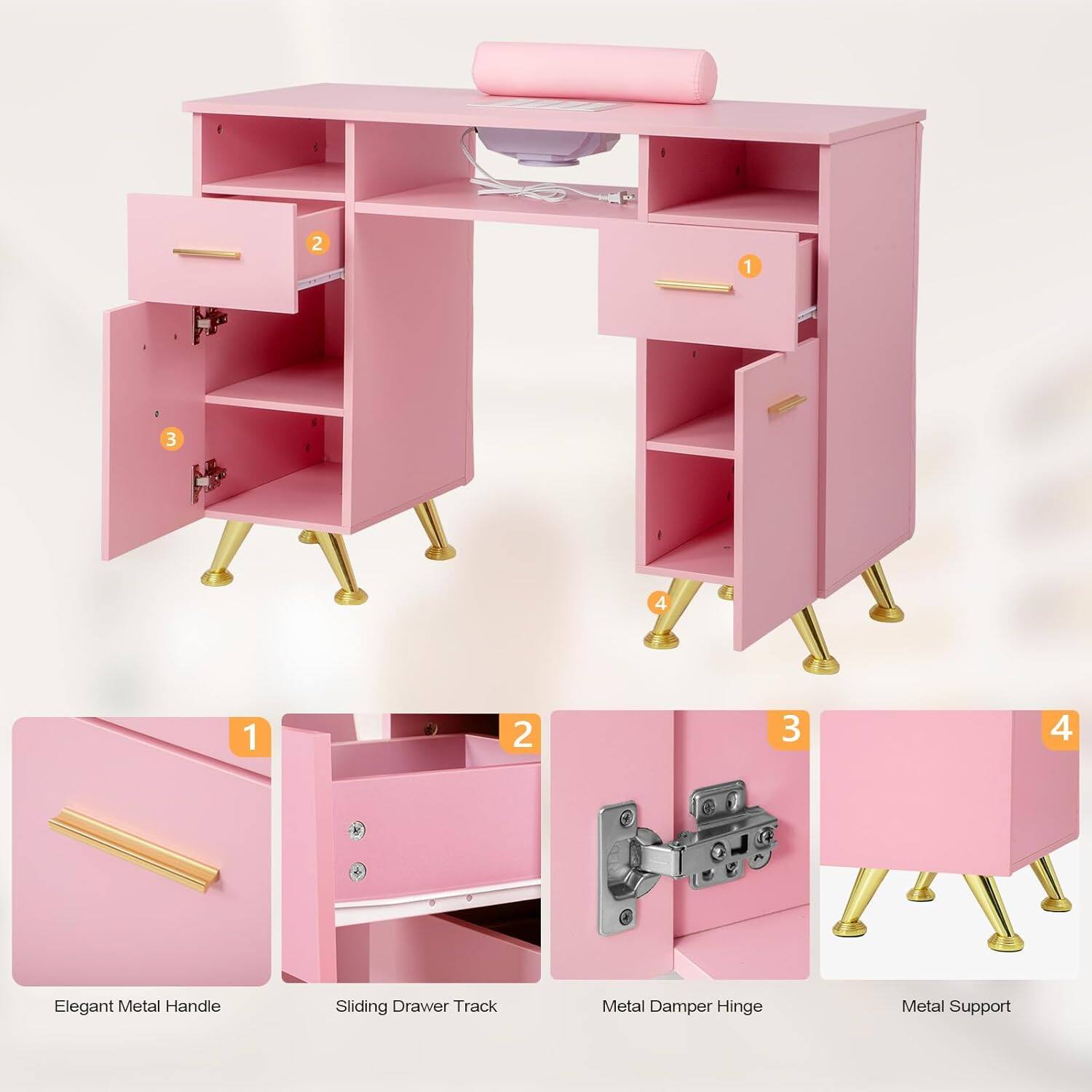 1. Elegant Metal Handle
2. Sliding Drawer Track
3. Metal Damper Hinge
4. Metal Support