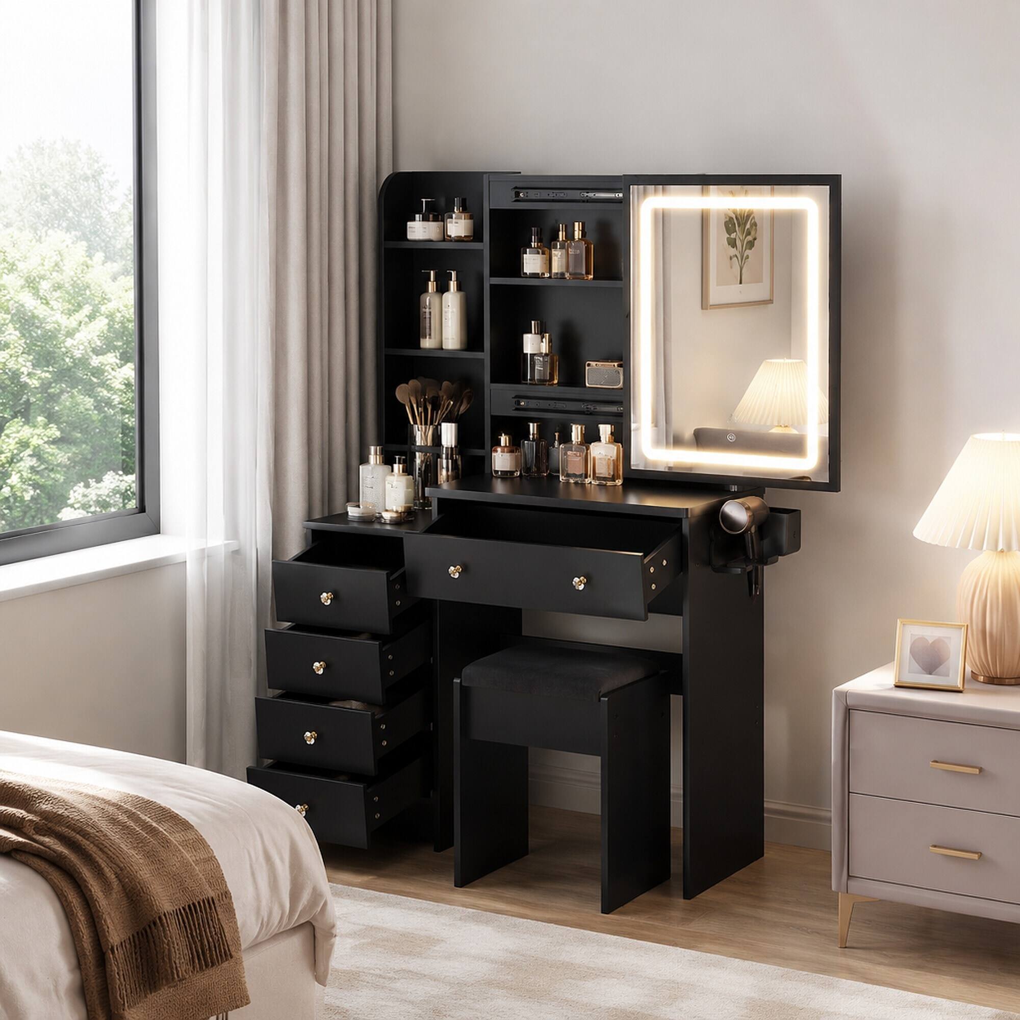 Back. RYHNUYNE - 37 in Makeup Vanity Table Set, Sliding LED Mirror, Cushioned Stool, Built-in Outlet and Hair Dryer Stand, UL EPA - Black.