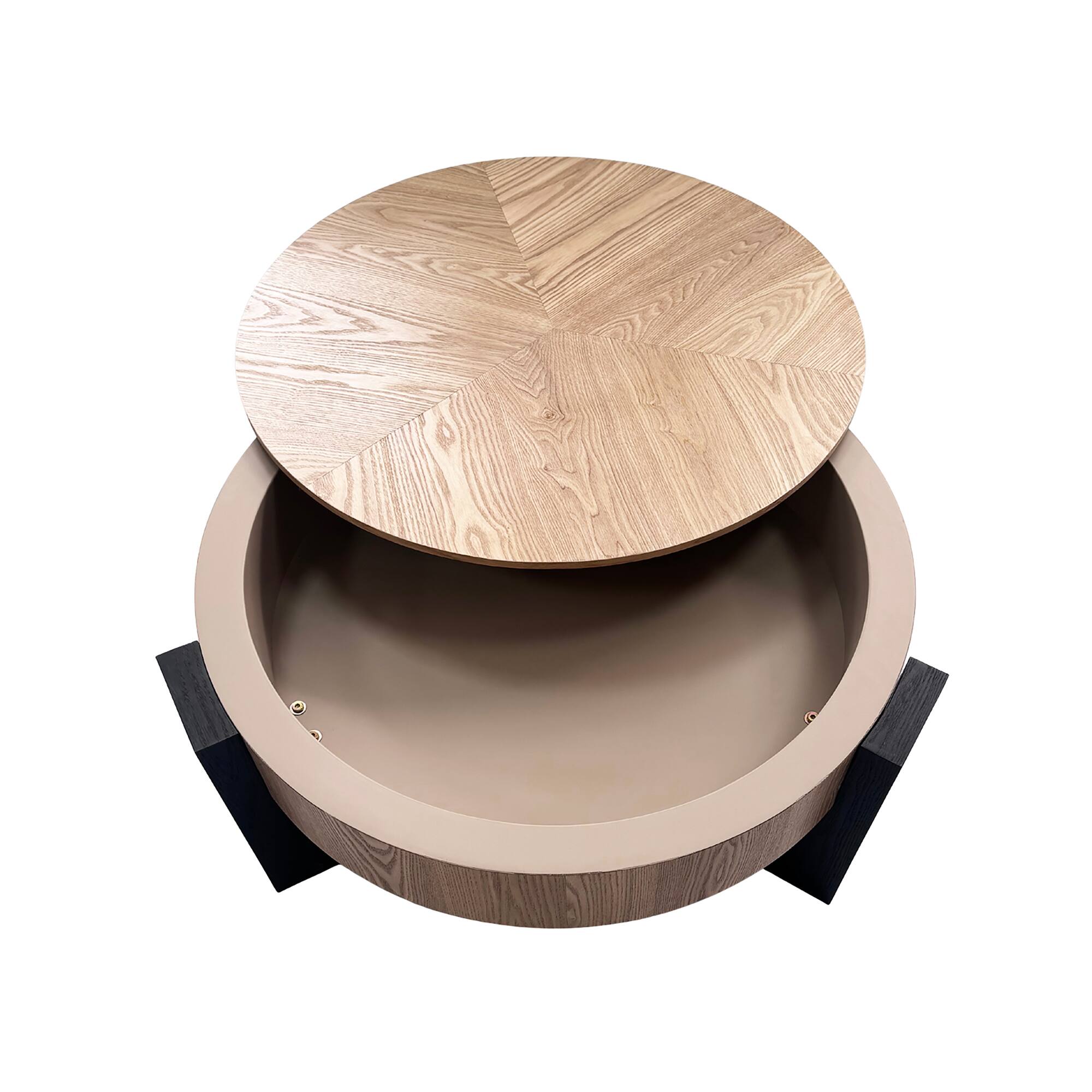 Alt View 9. Loheer - Loheer 33 Inch Round Coffee Table Hidden Storage Wabi Sabi Wood Parquet Veneer Center Table for Living Room - Matte Black,Natural Wood.
