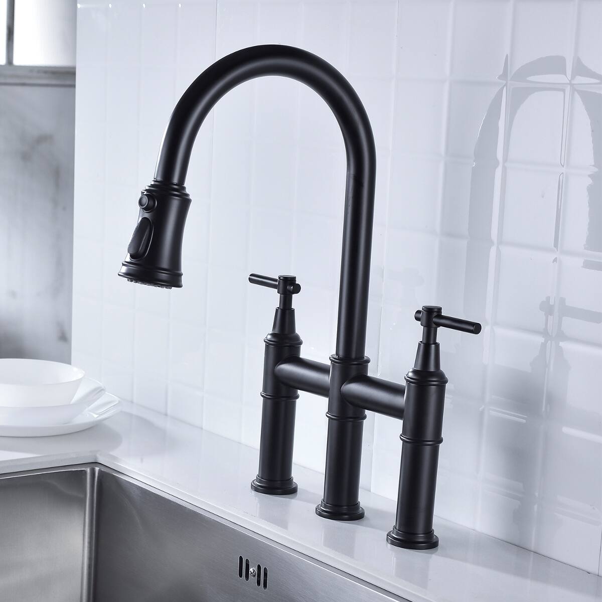 Back. Ropilly - Ropilly Bridge Kitchen Faucet with Pull Down Spray Head, Matte Black Finish, Dual Handle Brass Kitchen Faucet - Matte Black.