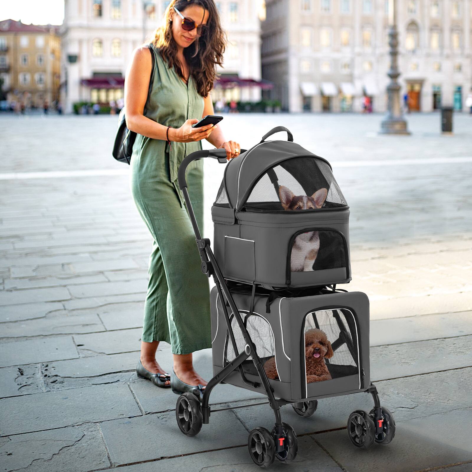 Alt View 3. Costway - Costway Double Pet Stroller for 2 Dogs or Cats w/ 2 Detachable Carriers Safety Belt.