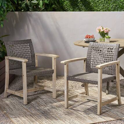 Front. Mondawe - Set of 2 Acacia Wood Dining Chairs with Polyethylene Rattan - Grey.