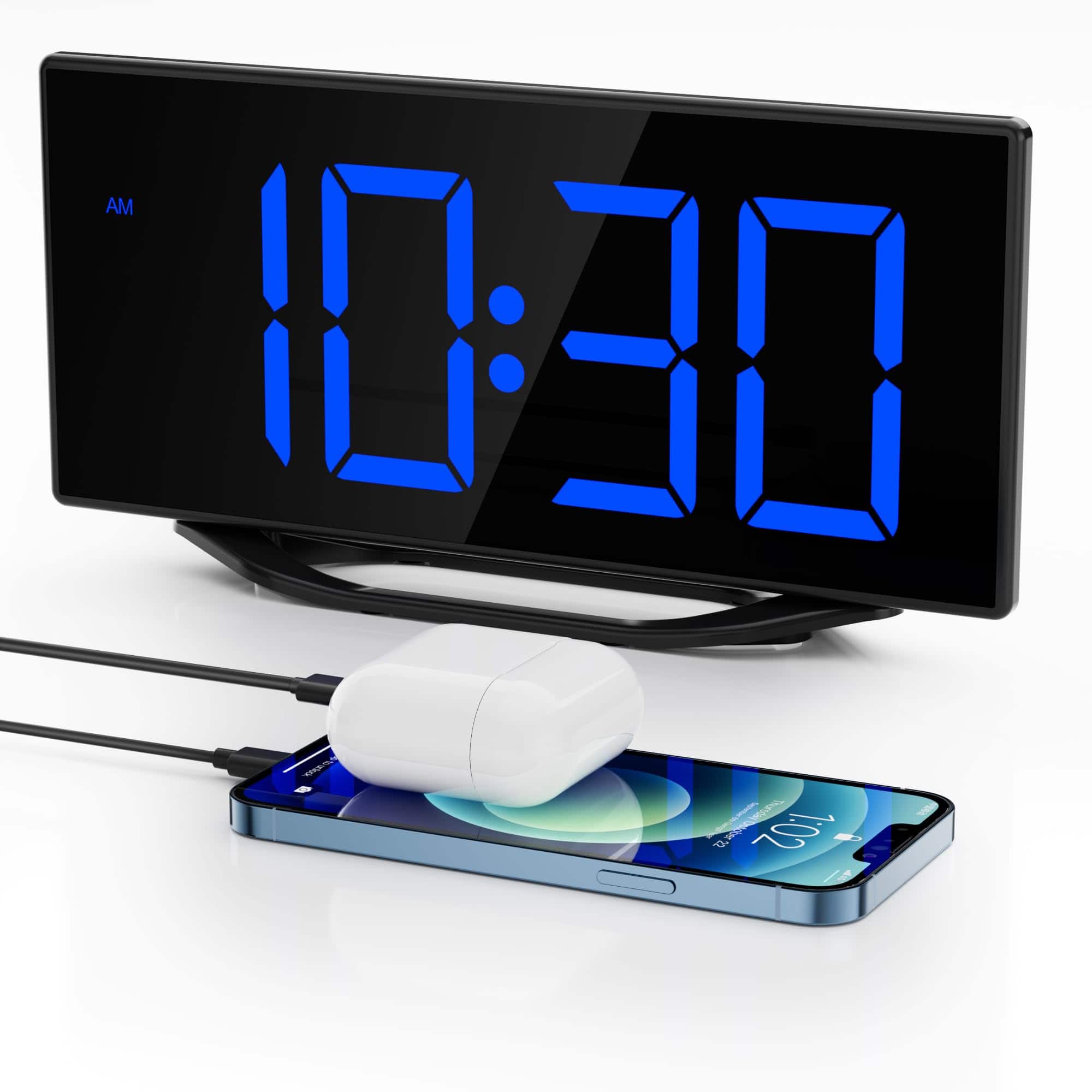 Dazzed Corner - Digital Alarm Clock, Plug-In Electric Desk Clock with Battery Backup, USB Charging Port,2/24Hr - Black