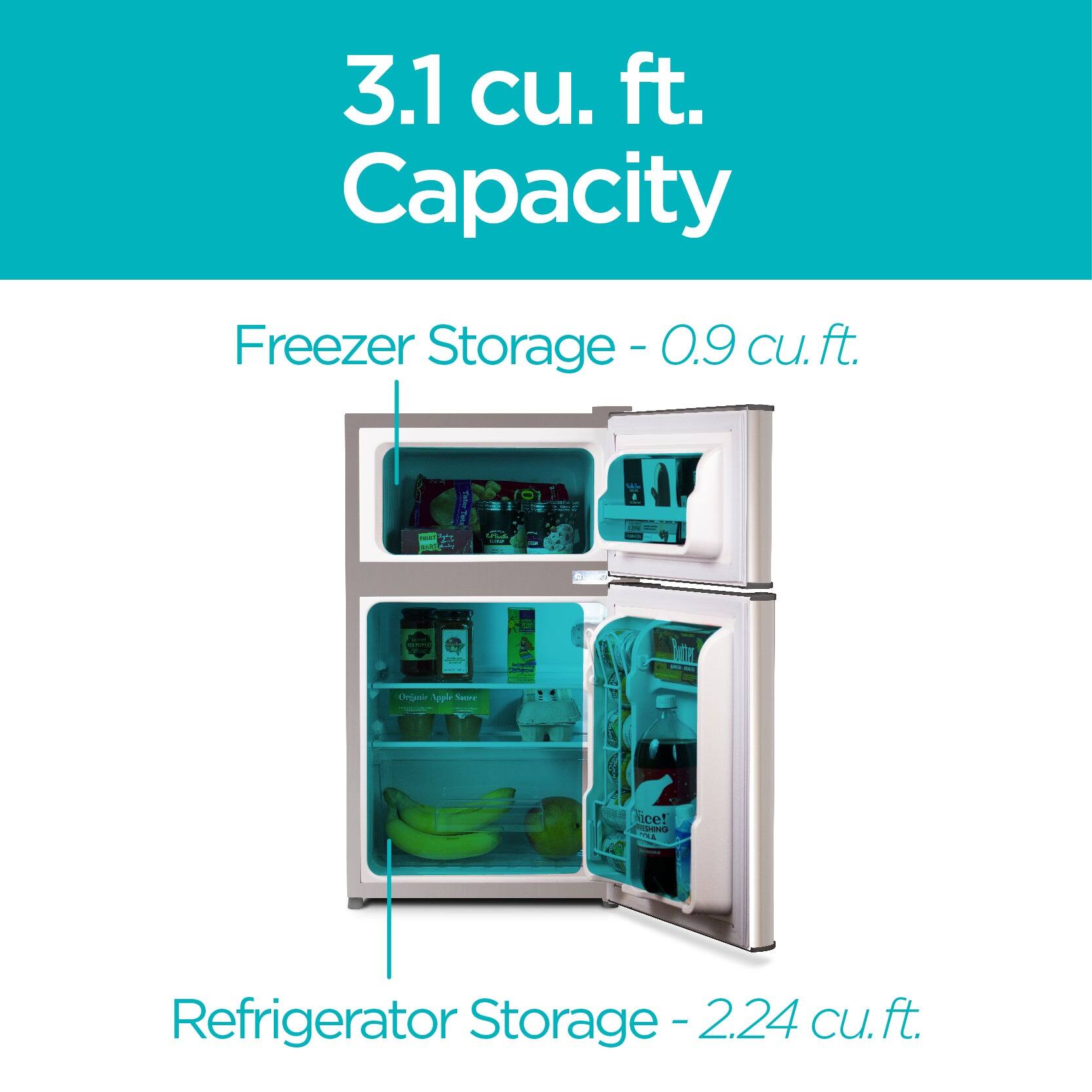 3.1 cu. ft. Capacity
Freezer Storage - 0.9 cu. ft.
Refrigerator Storage - 2.24 cu. ft.