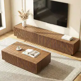 luck idea - Modern Fluted TV Stand & Lift Top Coffee Table Set, 86.6" Entertainment Center with Storage & 51.1" Coffee Table with Hi - Brown
