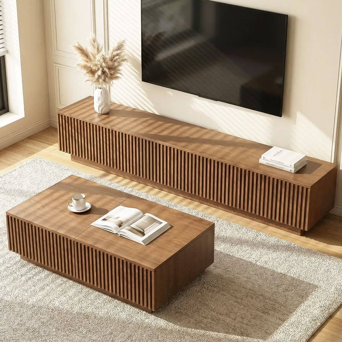 Front. luck idea - Modern Fluted TV Stand & Lift Top Coffee Table Set, 86.6" Entertainment Center with Storage & 51.1" Coffee Table with Hi - brown.