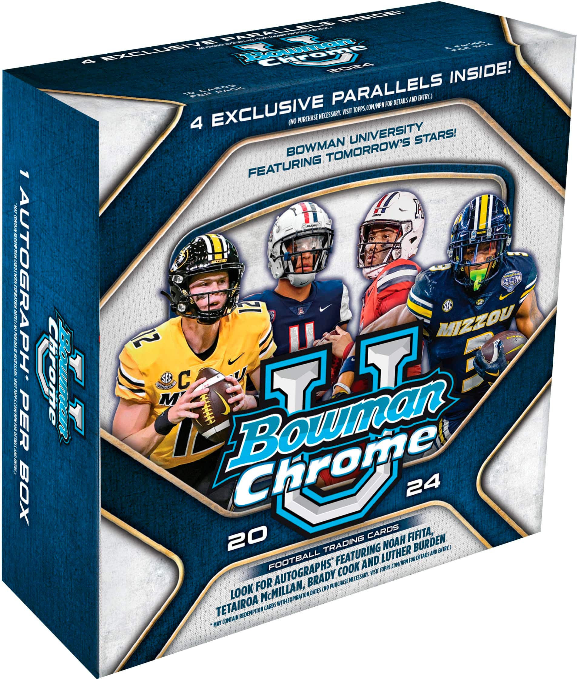 1. Exclusive Parallels - Autographs and Memorabilia Cards Inside! 4 (M) University Stars! Bowman Chrome 2024 featuring Mizzou, LSU, and other top college football programs.
2. Autographs and Memorabilia Cards for details and purchase requirements.
3. Featuring LSU, Mizzou, and other top college football programs.
4. Nothing to Collect - Autographs and Memorabilia Cards for Brady, Cook, and other top college football players.
5. Featuring Luther, Burden, and other top college football players.
6. Autographs and Memorabilia Cards for McMillan, RT Dries, and other top college football players.
7. Featuring top college football programs like Mizzou, LSU, and others.
8. Autographs and Memorabilia Cards for top college football programs like Mizzou, LSU, and others.
9. Featuring top college football programs like Mizzou, LSU, and others.
10. Autographs and Memorabilia Cards for top college football programs like Mizzou, LSU, and others.