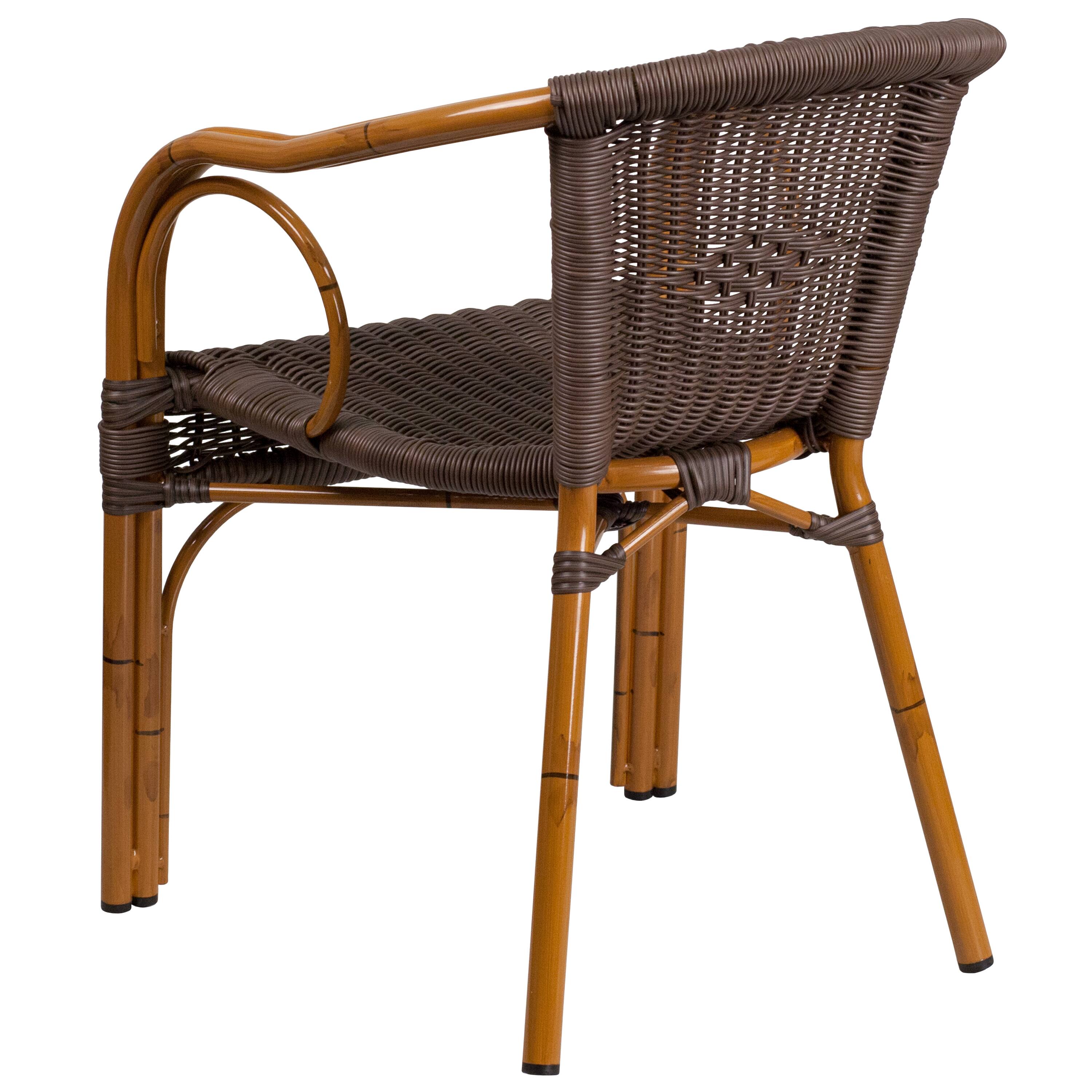 Alt View 5. Emma + Oliver - Rattan Restaurant Patio Chair with Bamboo-Aluminum Frame - Dark Brown Rattan/Red Bamboo-Aluminum Frame.