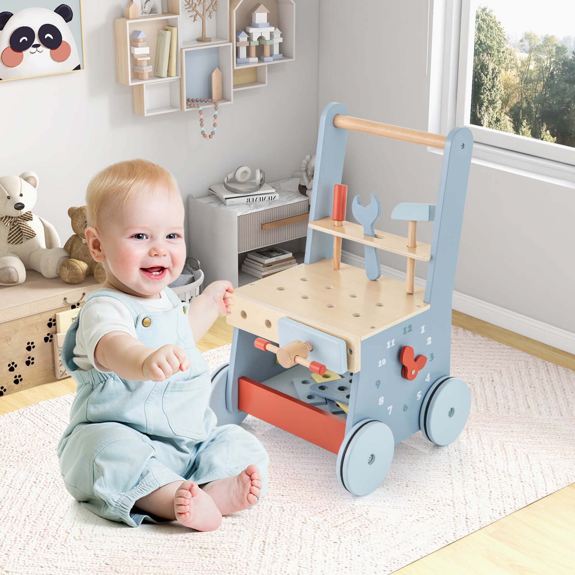Alt View 3. Costway - Costway 2-in-1 Wooden Baby Push Walker with Multi-Activity Center & Bottom Storage Toys - Blue.