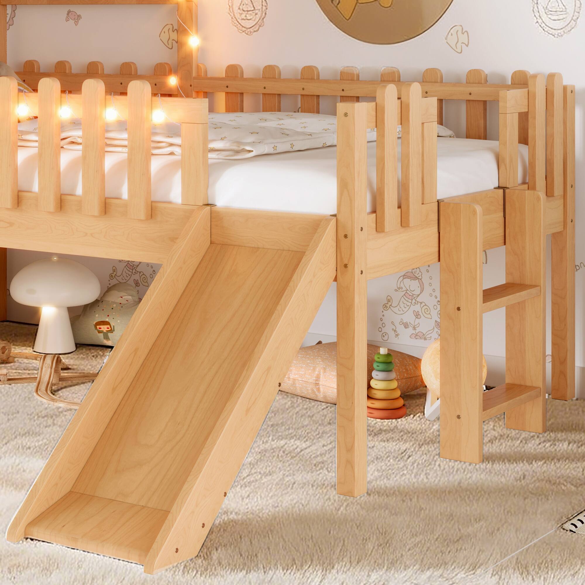 Alt View 3. Boyel Living - Twin Size House Loft Bed with Slide Playhouse Bed with Star Shaped Designs - Brown.