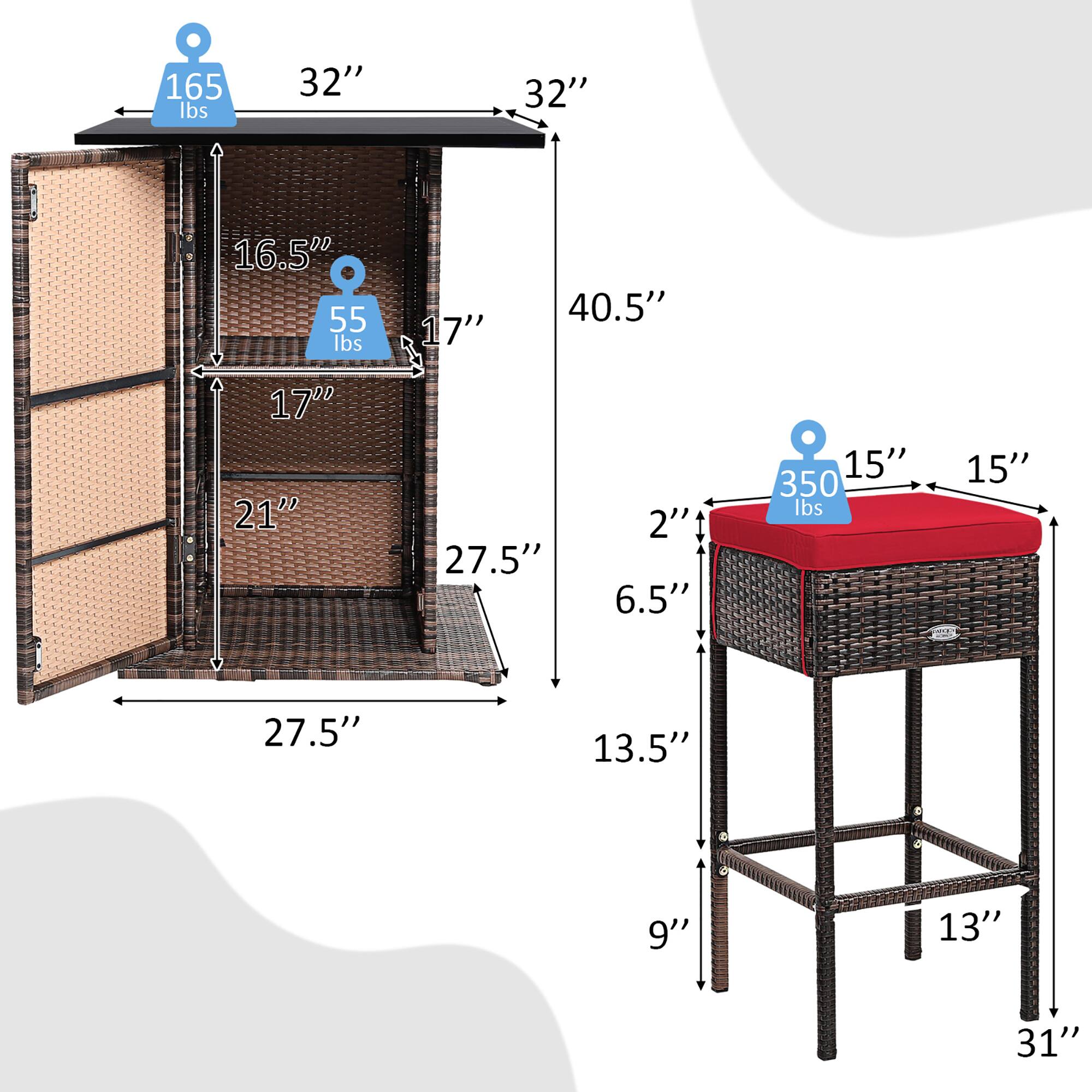 - 165 lbs
- 32" (width)
- 32" (depth)
- 16.5" (height from floor to top shelf)
- 55 lbs (shelf capacity)
- 17" (shelf depth)
- 21" (shelf width)
- 27.5" (overall depth)
- 2" (shelf thickness)
- 6.5" (shelf spacing)
- 15" (table height)
- 350 lbs (table capacity)
- 15" (table width)
- 15" (table depth)
- 27.5" (overall width)
- 40.5" (overall height)
- 13.5" (table leg height)
- 9" (table leg width)
- 13" (table leg depth)
- 31" (table leg height from floor)
