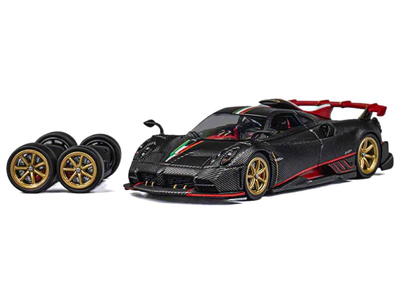 Alt View 3. CM Models - Pagani Imola Black Carbon with Italian Flag Stripes with Extra Wheels 1/64 Diecast Model Car by CM Models.