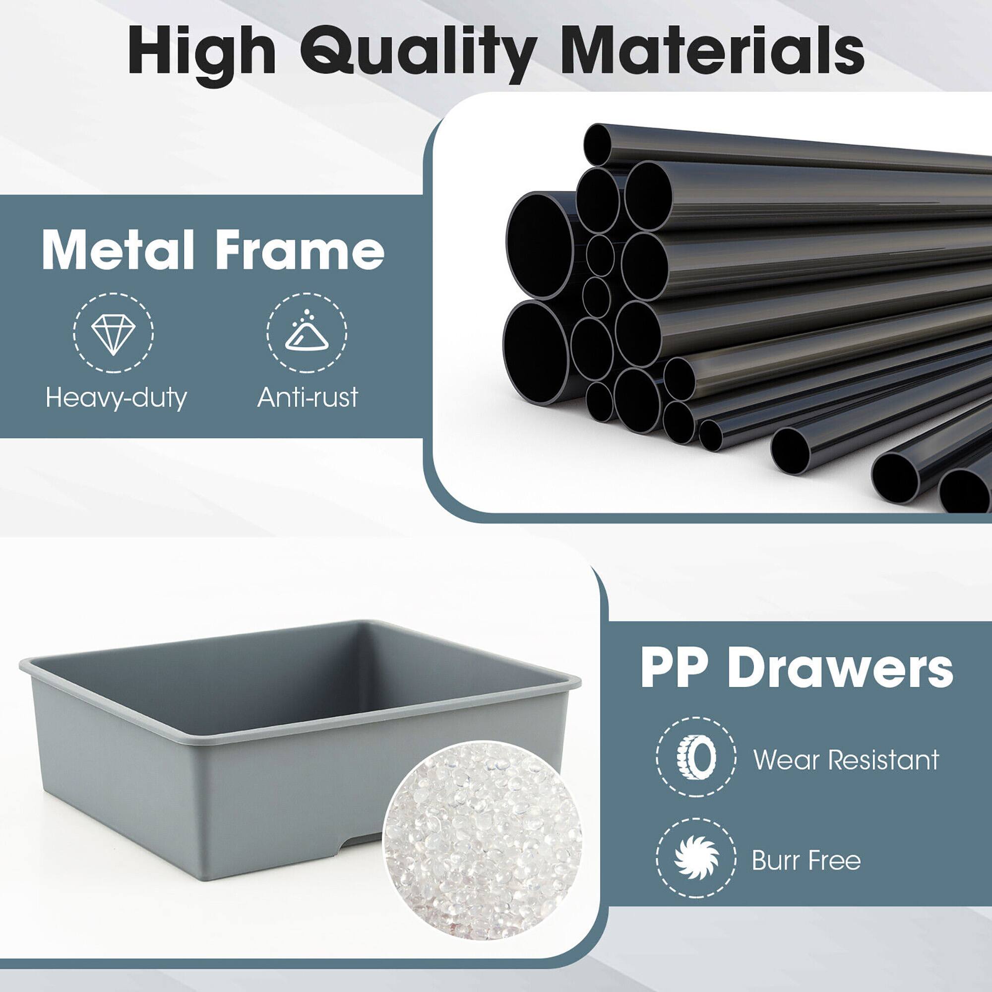 High Quality Materials

Metal Frame
- Heavy-duty
- Anti-rust

PP Drawers
- Wear Resistant
- Burr Free