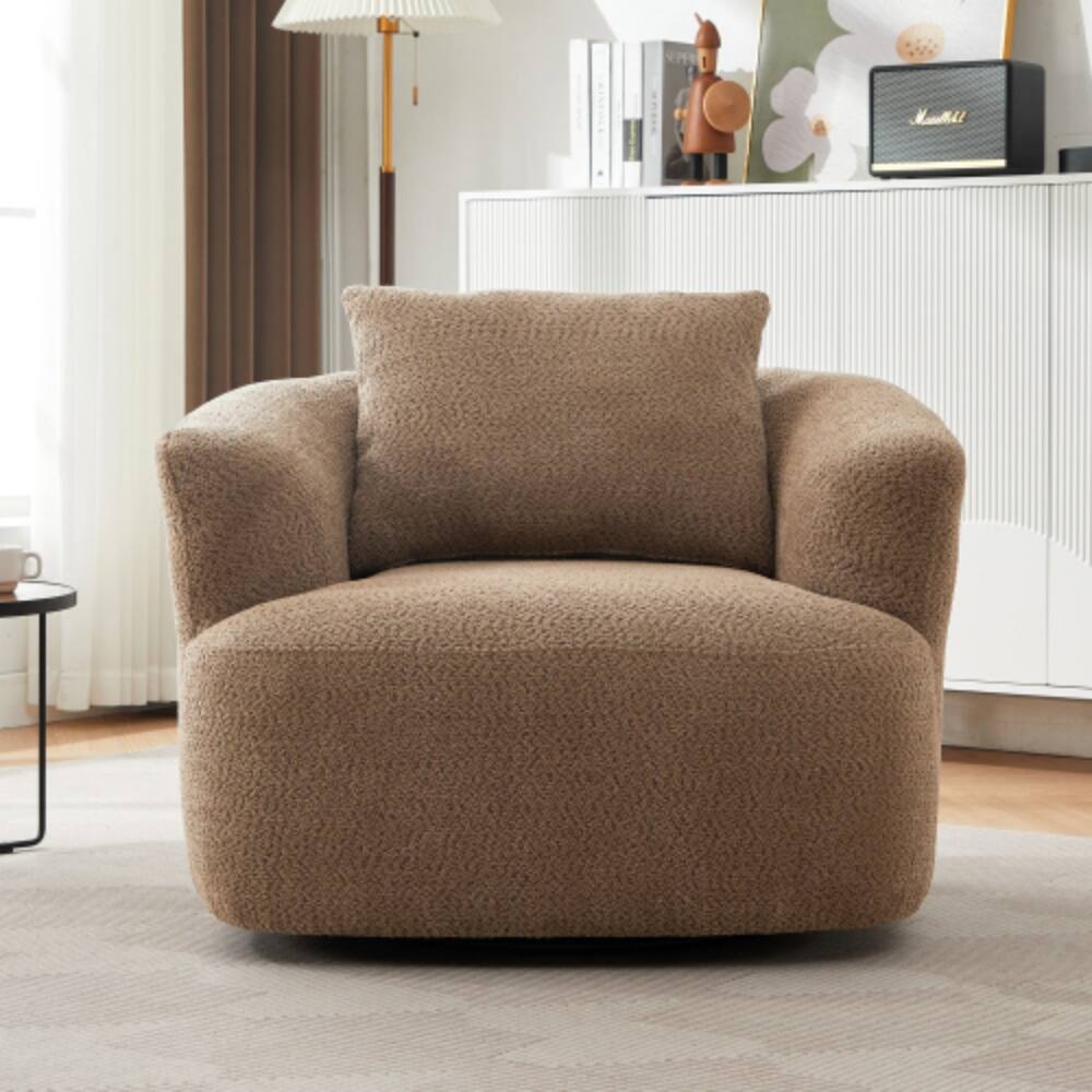 Front. LUCKY ONE - 38.2" 360° Swivel Barrel Accent Chair Sofa w/ Throw Pillow Boucle Fabric - Dark Brown.