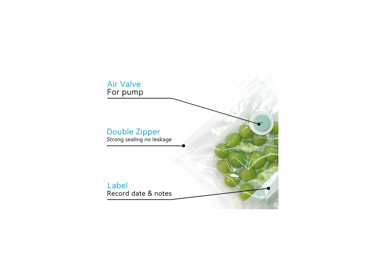 Air Valve For pump  
Double Zipper Strong sealing no leakage  
Label Record date & notes