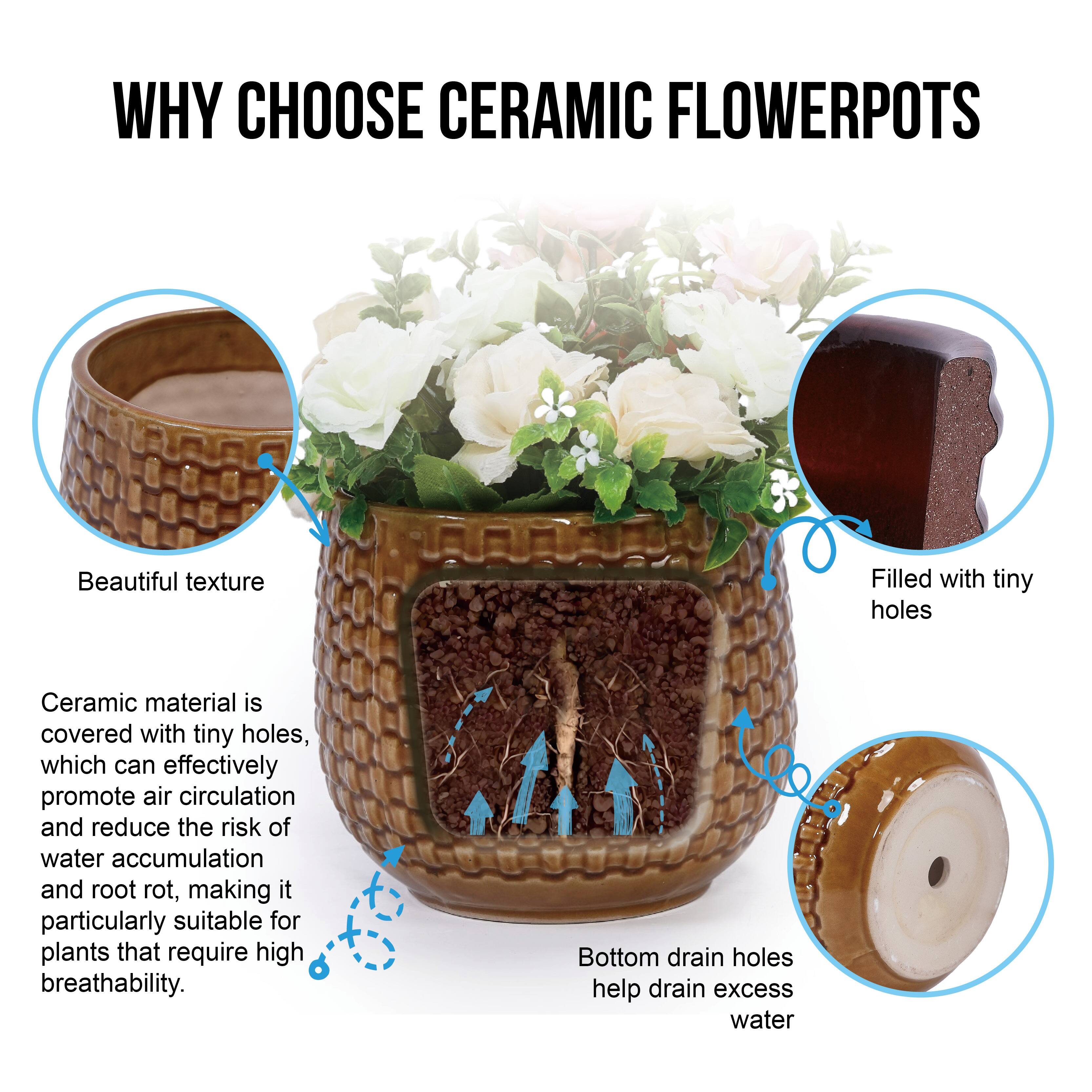 WHY CHOOSE CERAMIC FLOWER POTS

Beautiful texture

Ceramic material is covered with tiny holes, which can effectively promote air circulation and reduce the risk of water accumulation and root rot, making it particularly suitable for plants that require high breathability.

Filled with tiny holes

Bottom drain holes help drain excess water