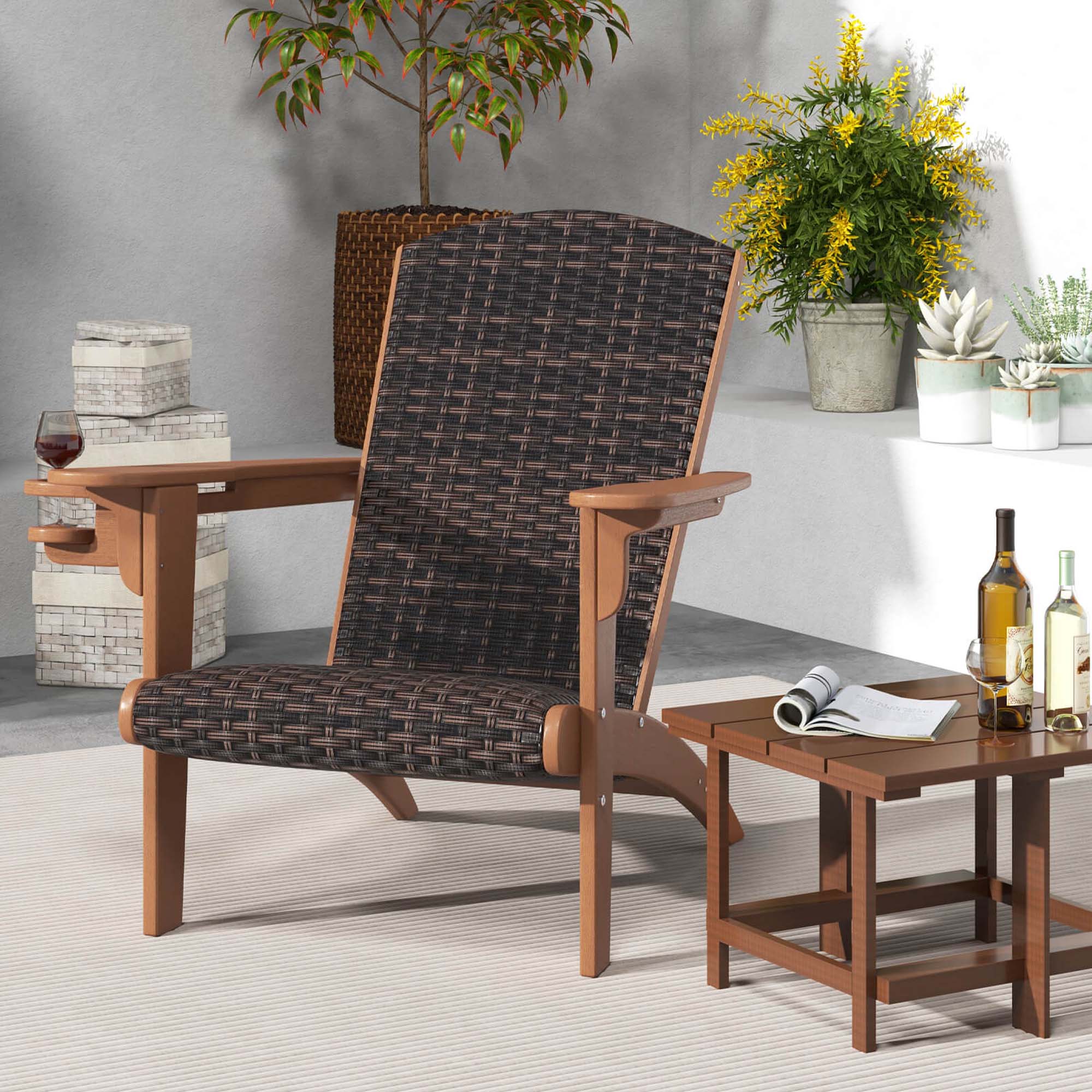 Angle. Costway - Patio Adirondack Chair with Rattan Padded Seat Wide Armrests & Hidden Cupholder - Brown,Mix Brown.