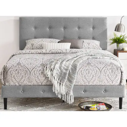 Front. Decoro - DeCoro Cambridge Upholstered Wooden Platform Bed Frame with Headboard, Queen - Grey.