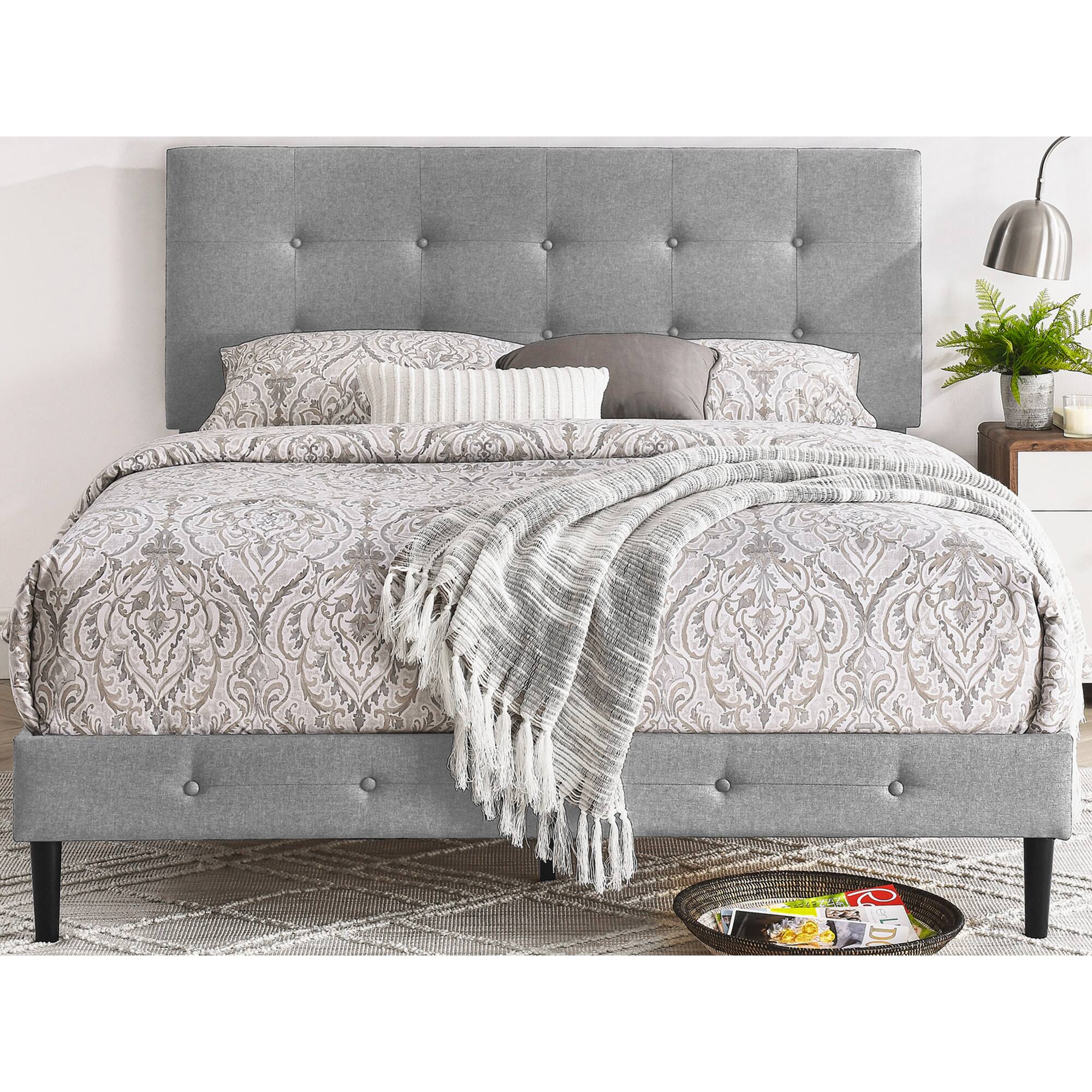 Front. Decoro - DeCoro Cambridge Upholstered Wooden Platform Bed Frame with Headboard, Queen - Grey.