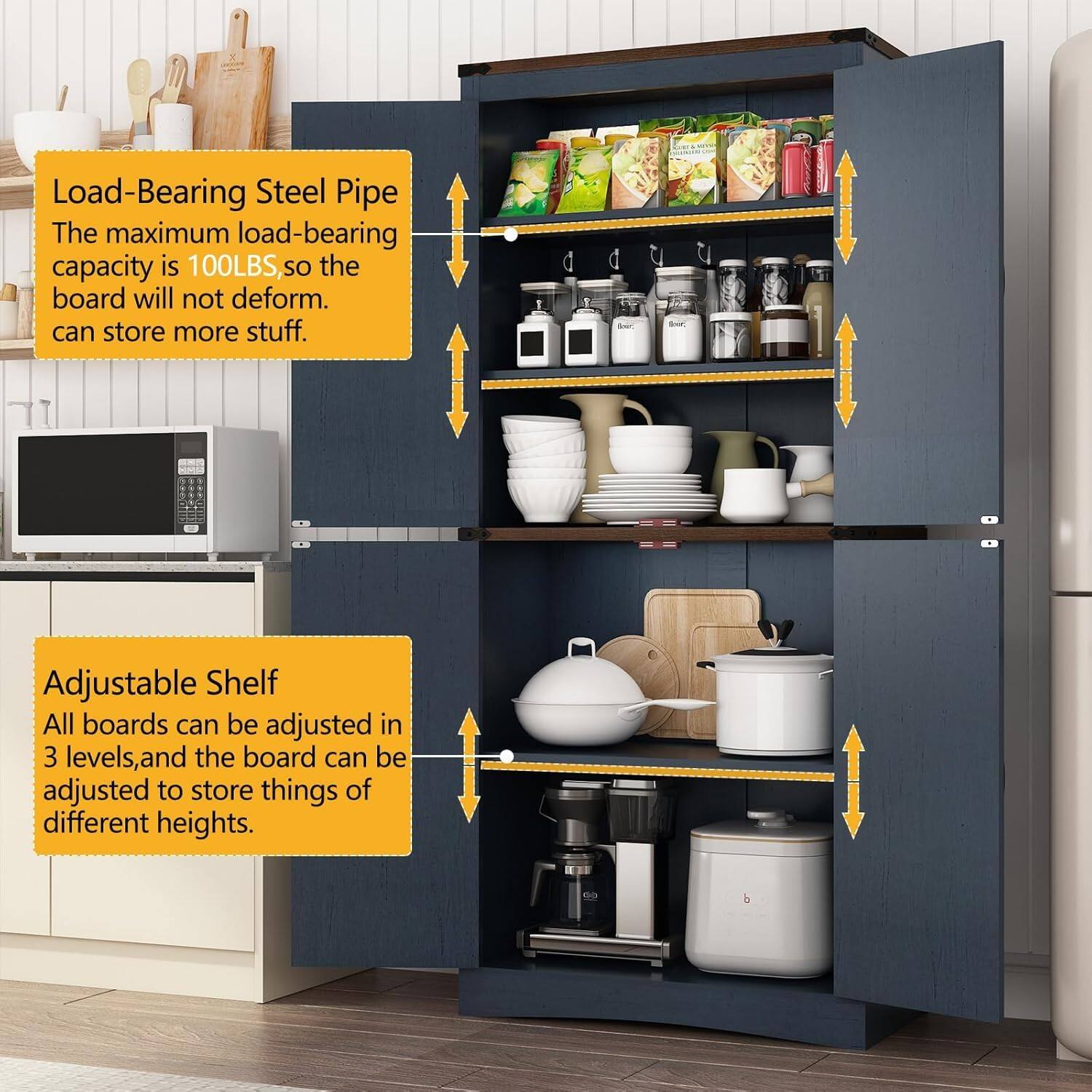 Load-Bearing Steel Pipe  
The maximum load-bearing capacity is 100LBS, so the board will not deform. Can store more stuff.

Adjustable Shelf  
All boards can be adjusted in 3 levels, and the board can be adjusted to store things of different heights.