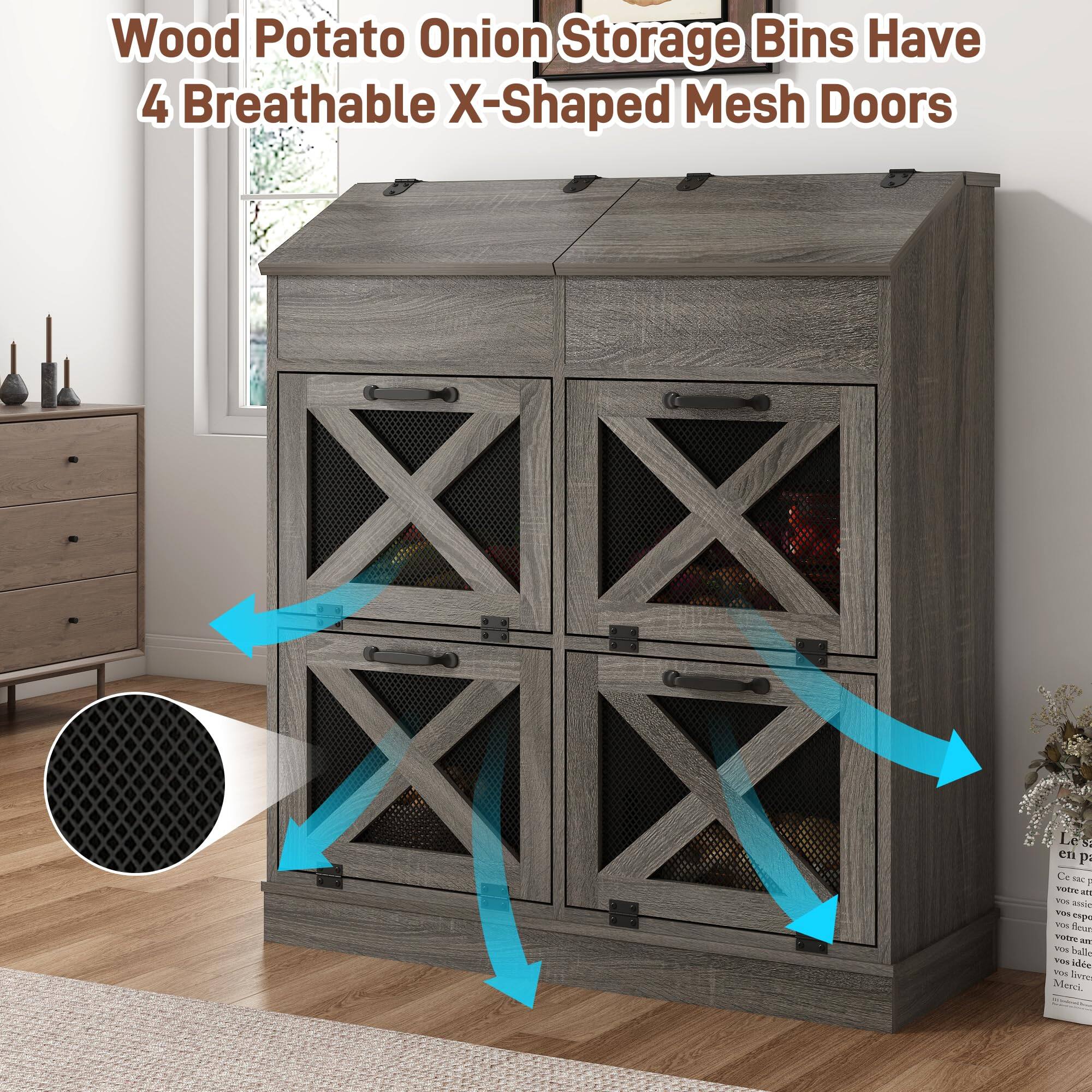 Wood Potato Onion Storage Bins Have 4 Breathable X-Shaped Mesh Doors