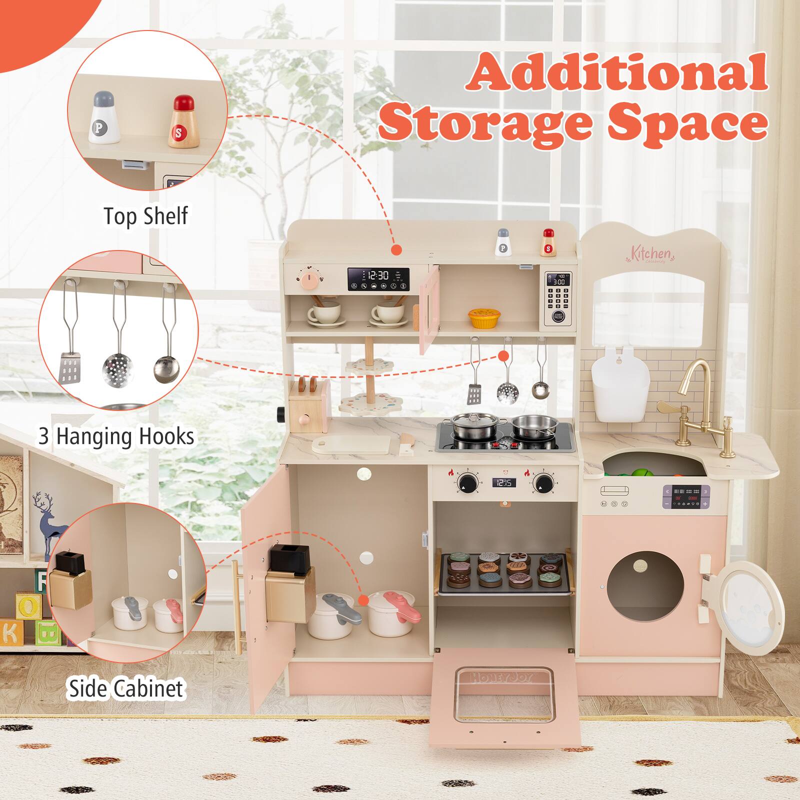 Additional Storage Space

- Top Shelf
- 3 Hanging Hooks
- Side Cabinet

Kitchen