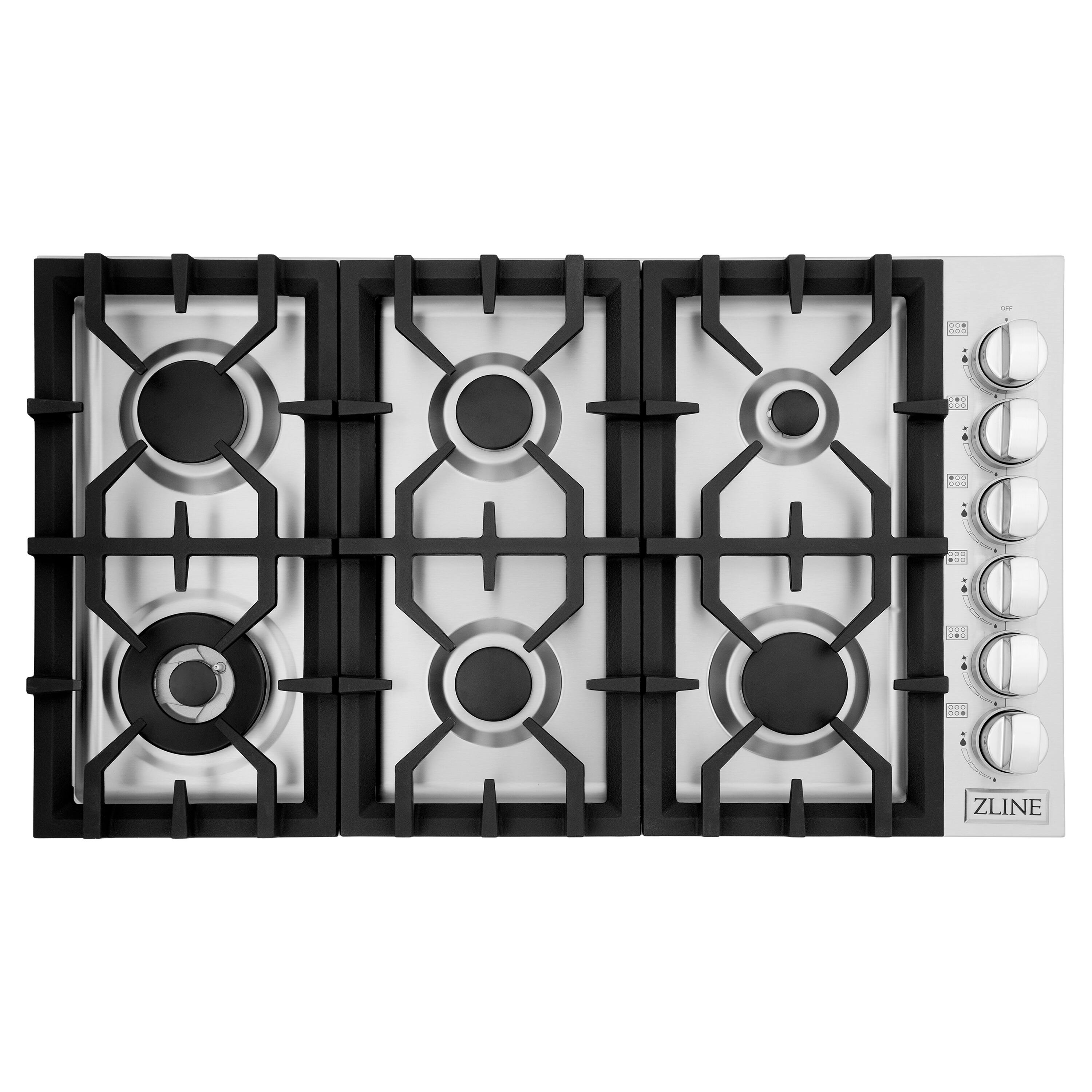 Left. ZLINE - ZLINE 36 in. Gas Cooktop with 6 Burners (RC36) - Stainless steel.