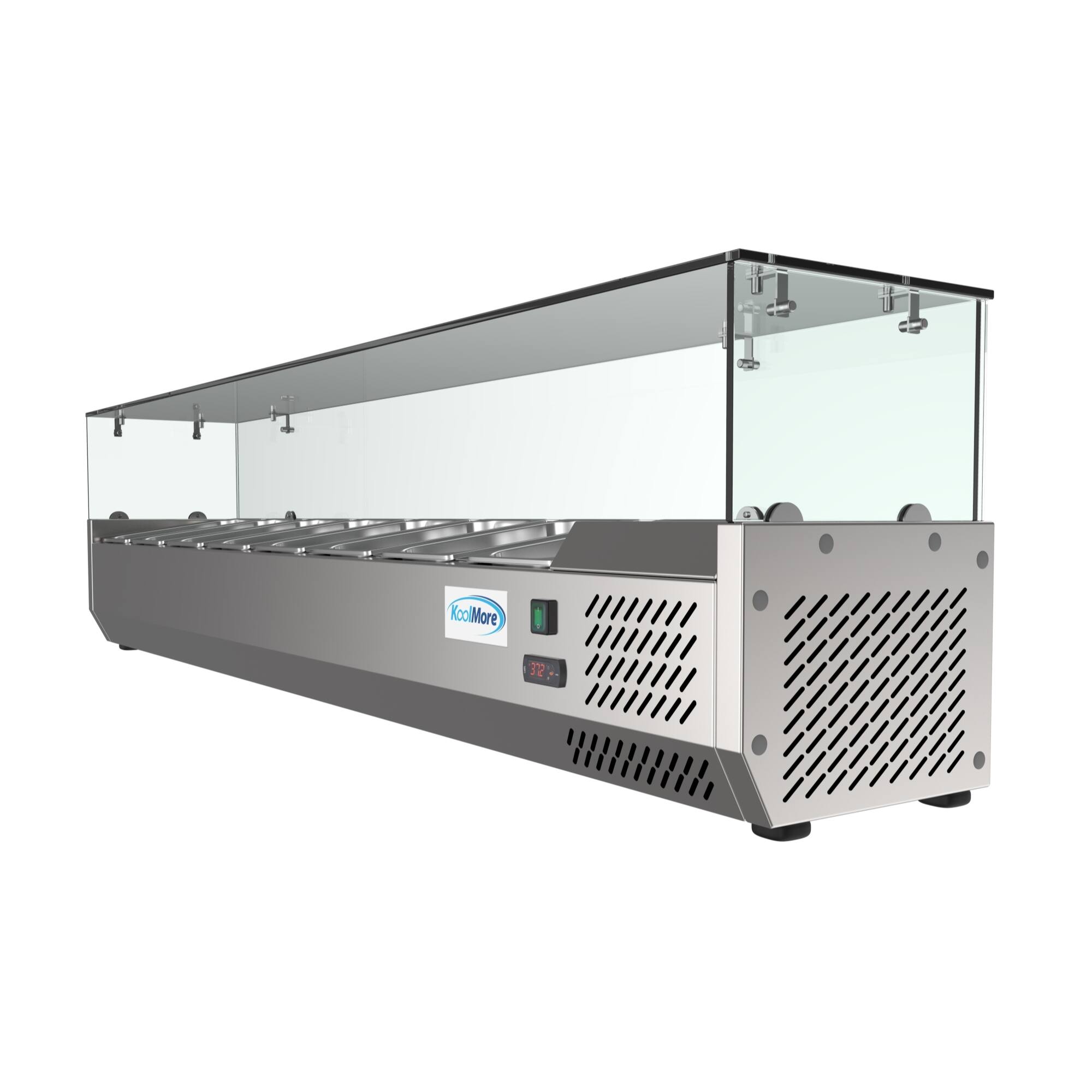 Left. Koolmore - 71 in. Eight Pan Refrigerated Countertop Condiment Prep Station - SCDC-8P-SG - Stainless-Steel.