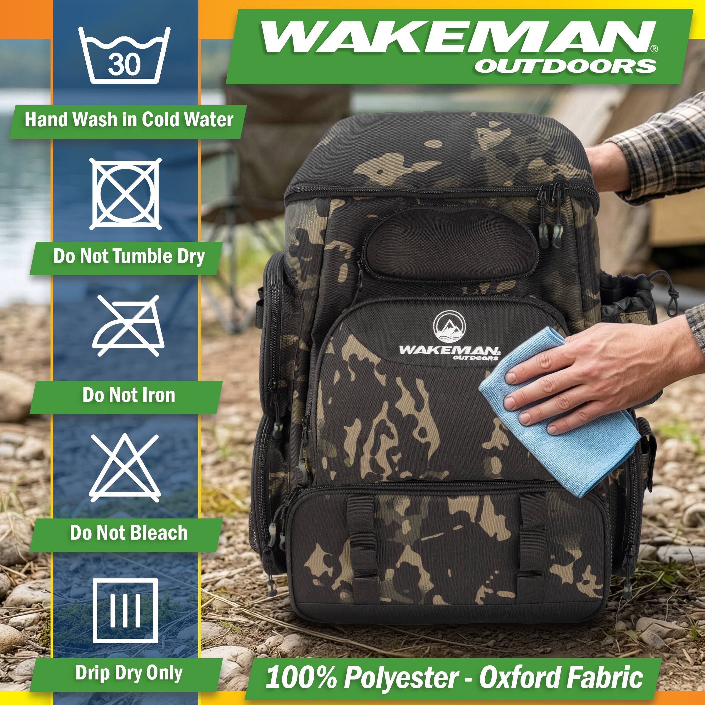 WAKEMAN 30 OUTDOORS  
Hand Wash in Cold Water  
Do Not Tumble Dry  
Do Not Iron  
Do Not Bleach  
Drip Dry Only  
100% Polyester - Oxford Fabric