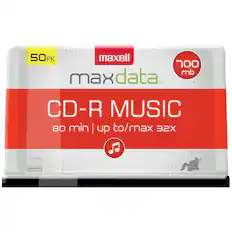 50PK
maxell
maxdata™
CD-R MUSIC
80 min | up to/max 32X
100 mb
COMPACT disc DIGITAL AUDIO Recordable