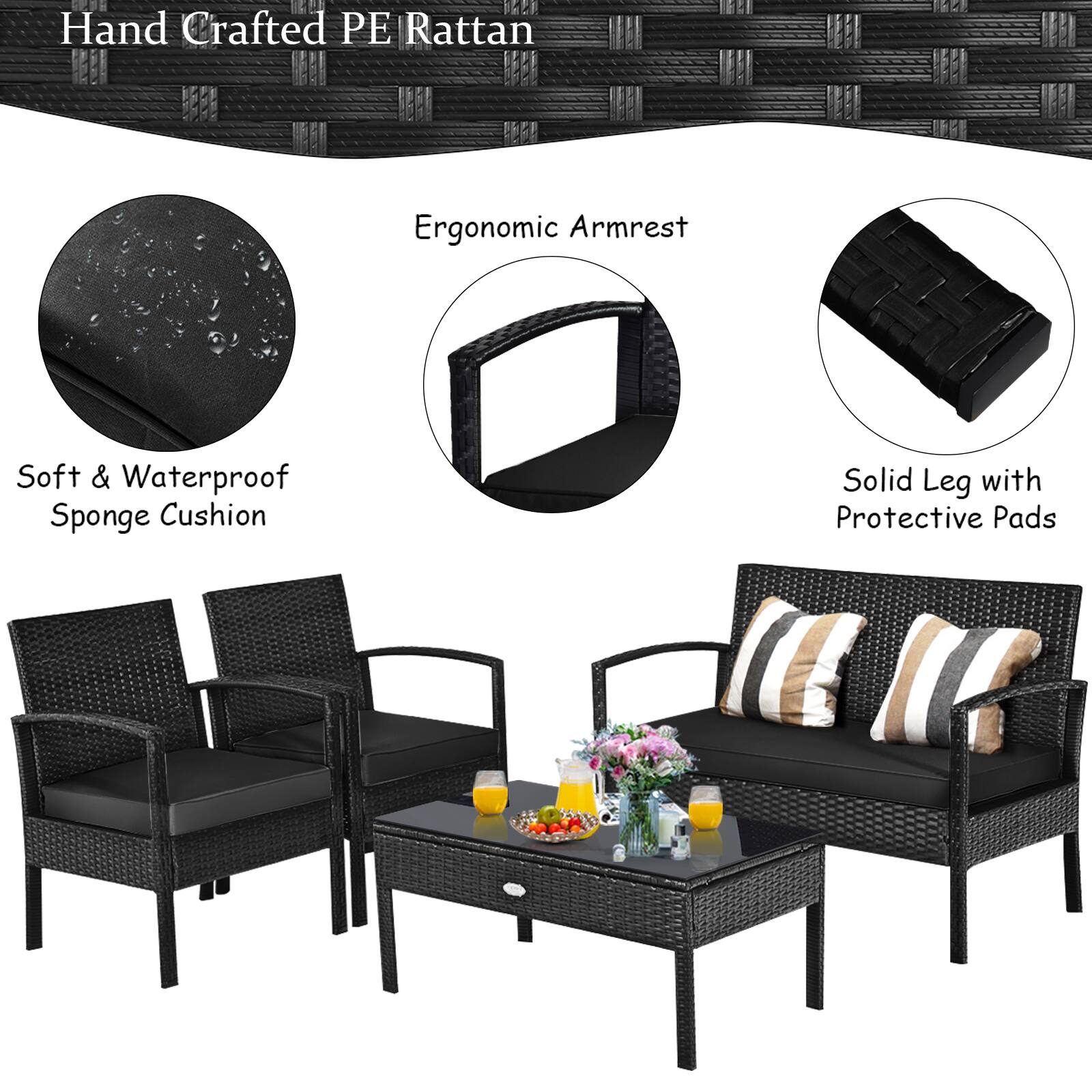 Hand Crafted PE Rattan, Ergonomic Armrest, Soft & Waterproof Sponge Cushion, Solid Leg with Protective Pads