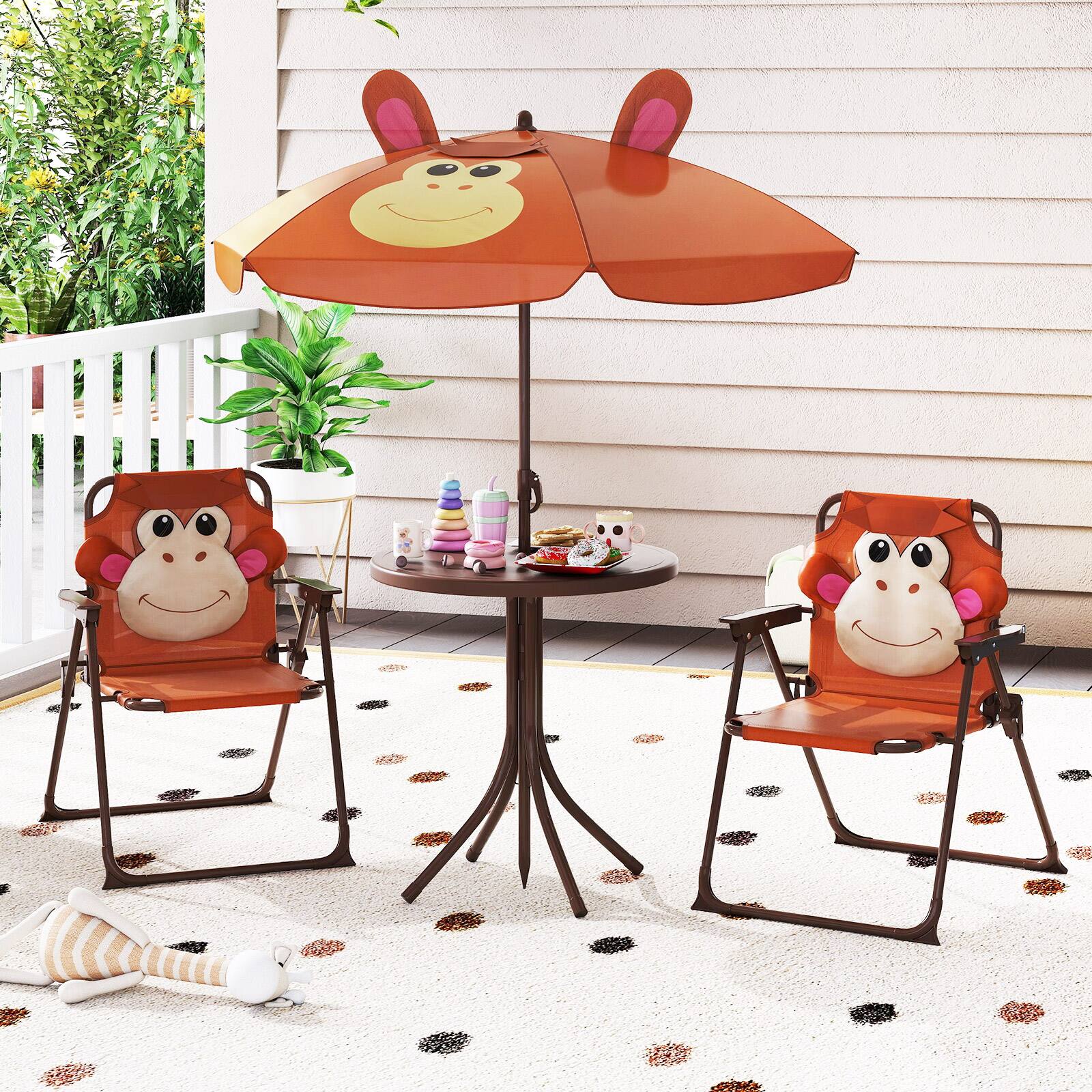 Alt View 1. Costway - Costway Kids Picnic Table & Chair Set with 2 Folding Chairs & Height Adjustable Umbrella - Brown.