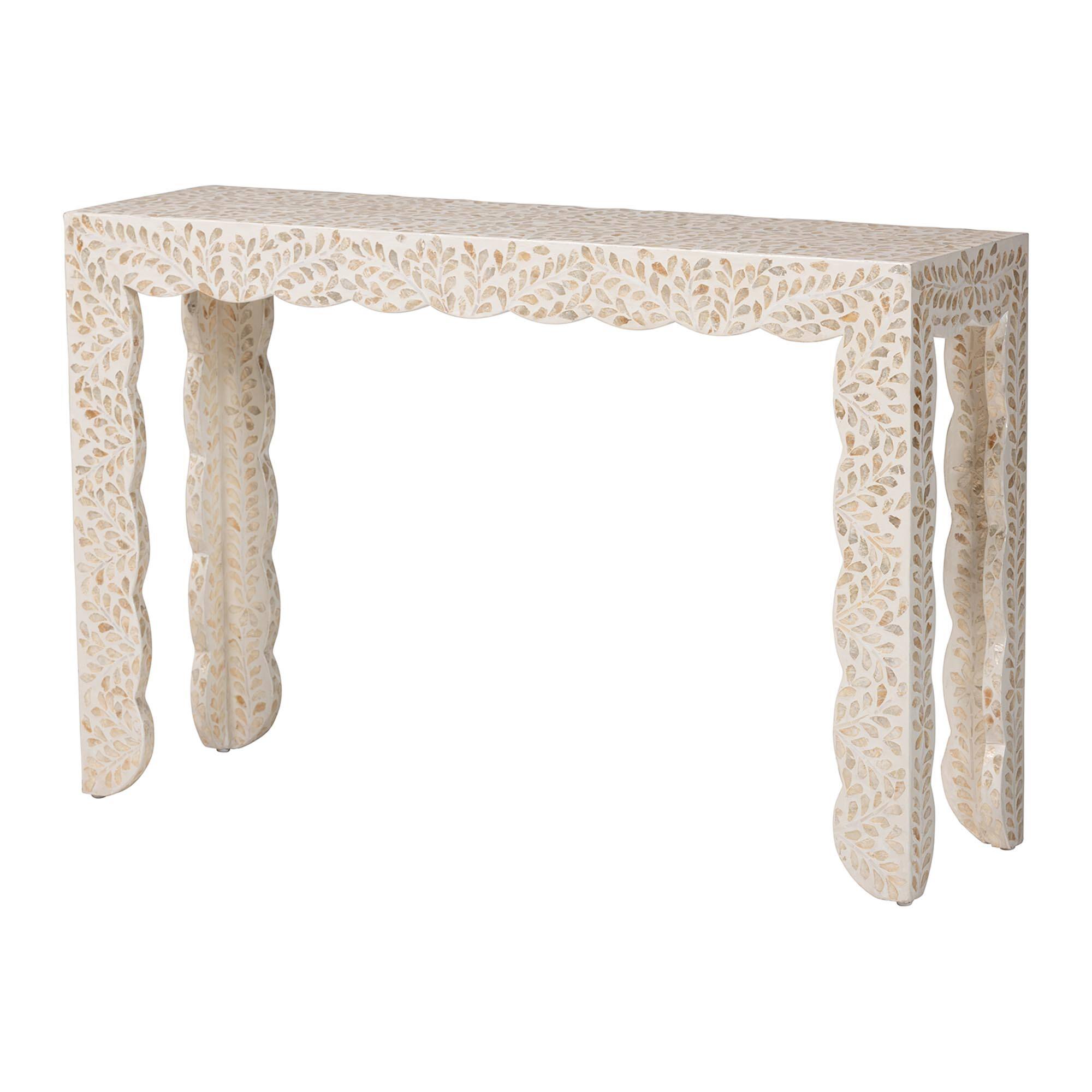 Front. bali & pari - Hedya Floral Capiz Shell Console Table with Scalloped Detailing - White/Beige.